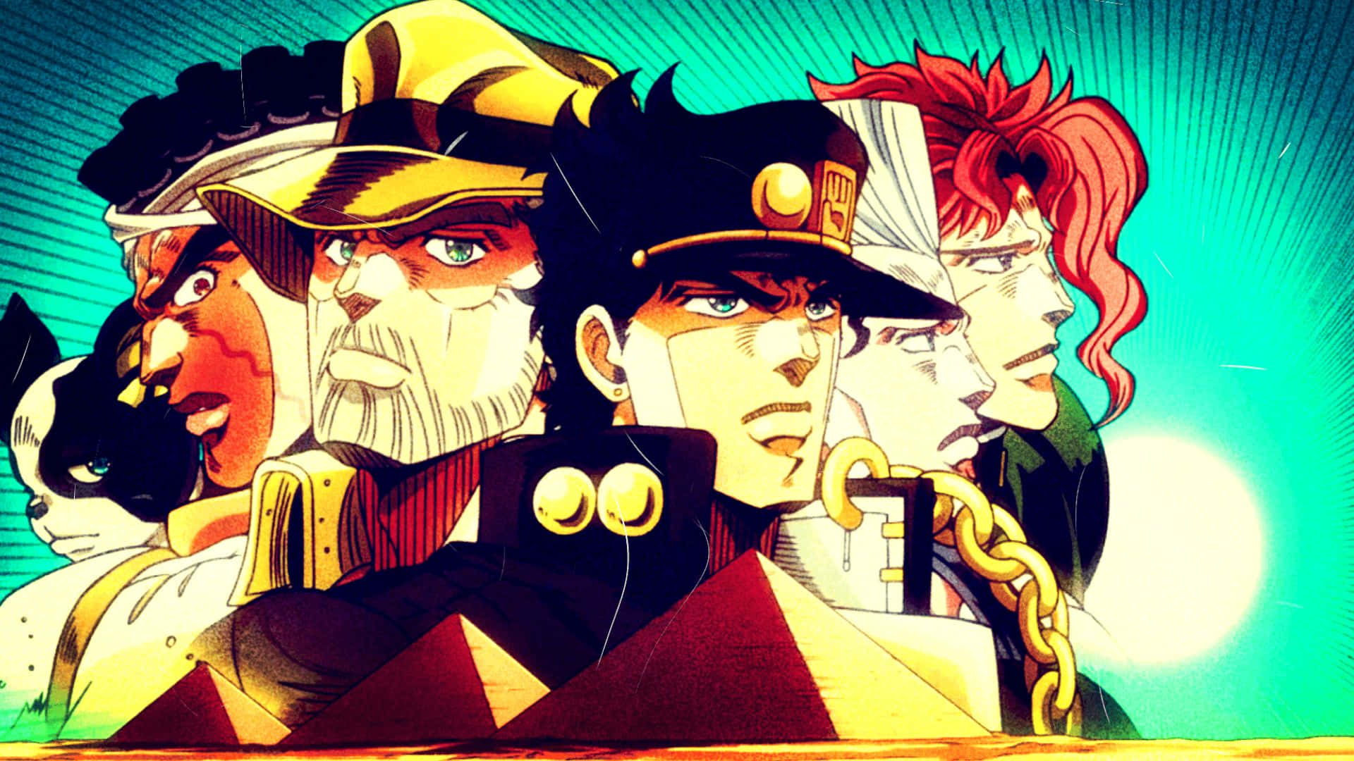Jean Pierre Polnareff 桌布 壁紙 — 大膽的動漫角色，帶著強烈的表情和鮮豔的色彩，從發光的太陽爆發背景中散發出來。