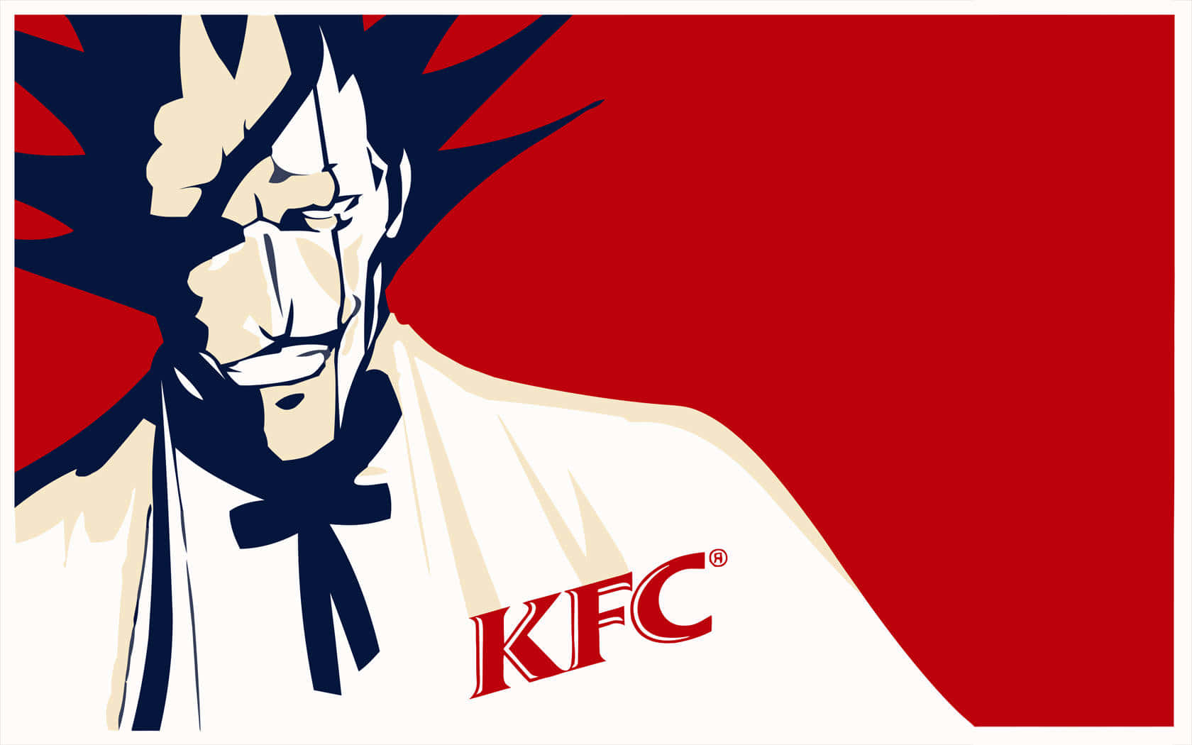 Kenpachi Zaraki 桌布 壁紙 — 大膽的圖形插圖，描繪山德士上校穿著標誌性白色西裝和黑色領結，在鮮紅色背景上帶有KFC標誌。