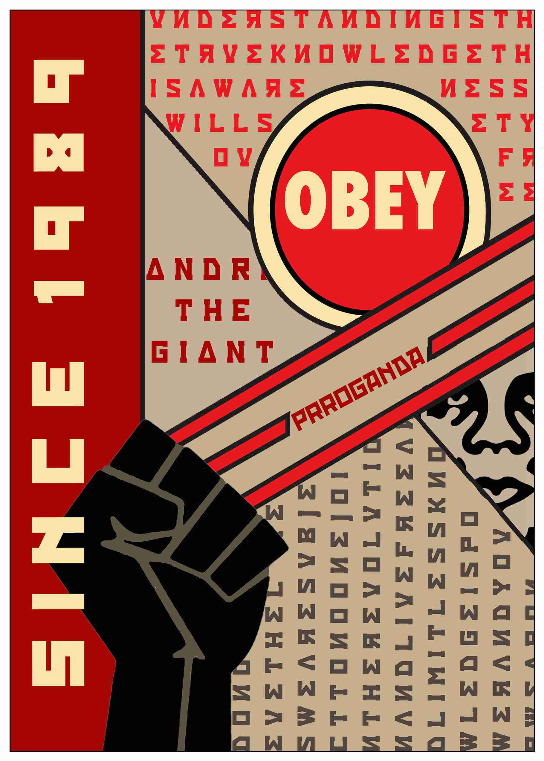 Constructivism 桌布 壁紙 — 大膽的圖形海報，帶有舉起的拳頭、紅色的「OBEY」圓圈和風格化宣傳設計中的文字片段。