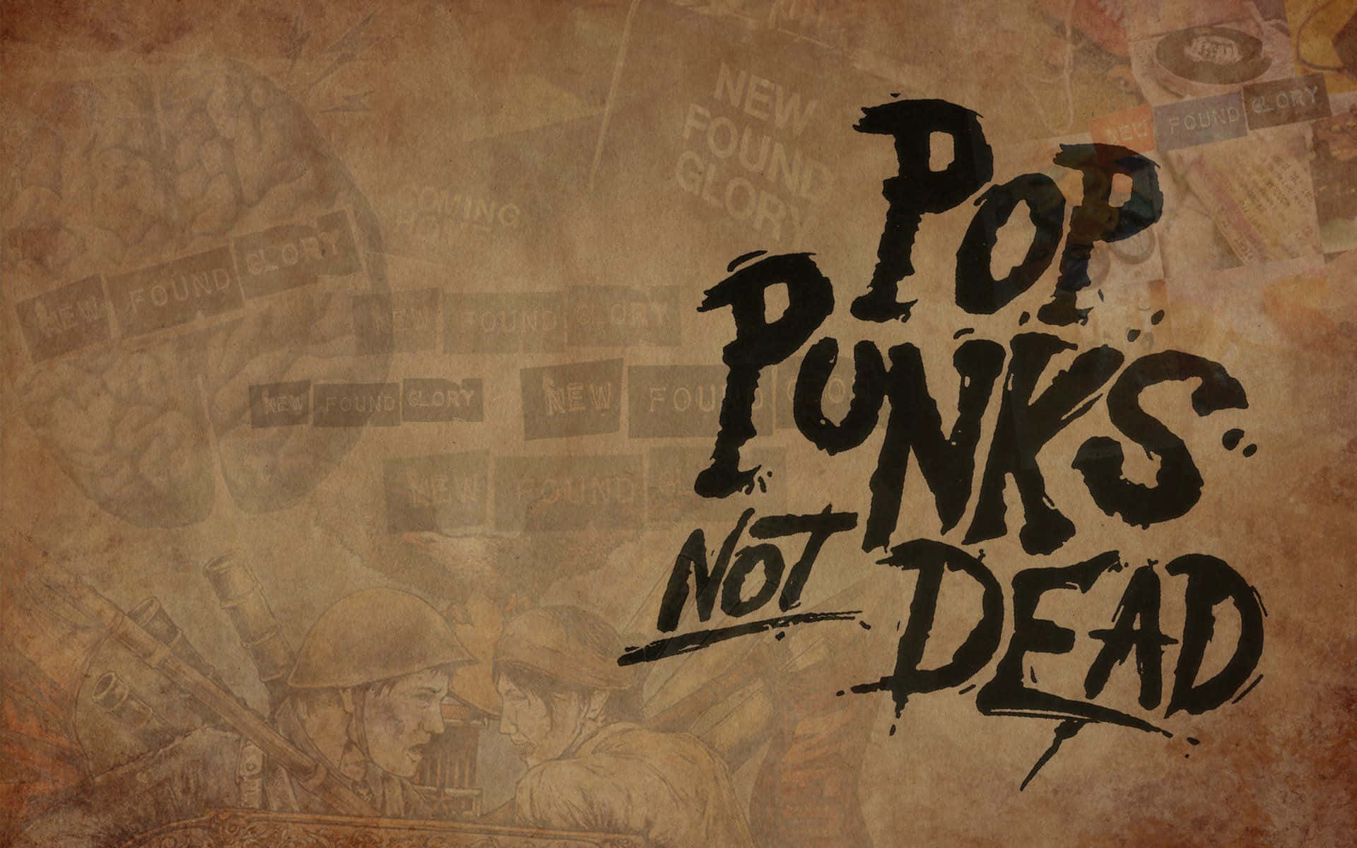 punk 桌布 壁紙 — 大膽的塗鴉風格文字在復古樂隊海報和褪色圖像的拼貼上宣告「POP PUNKS NOT DEAD」。
