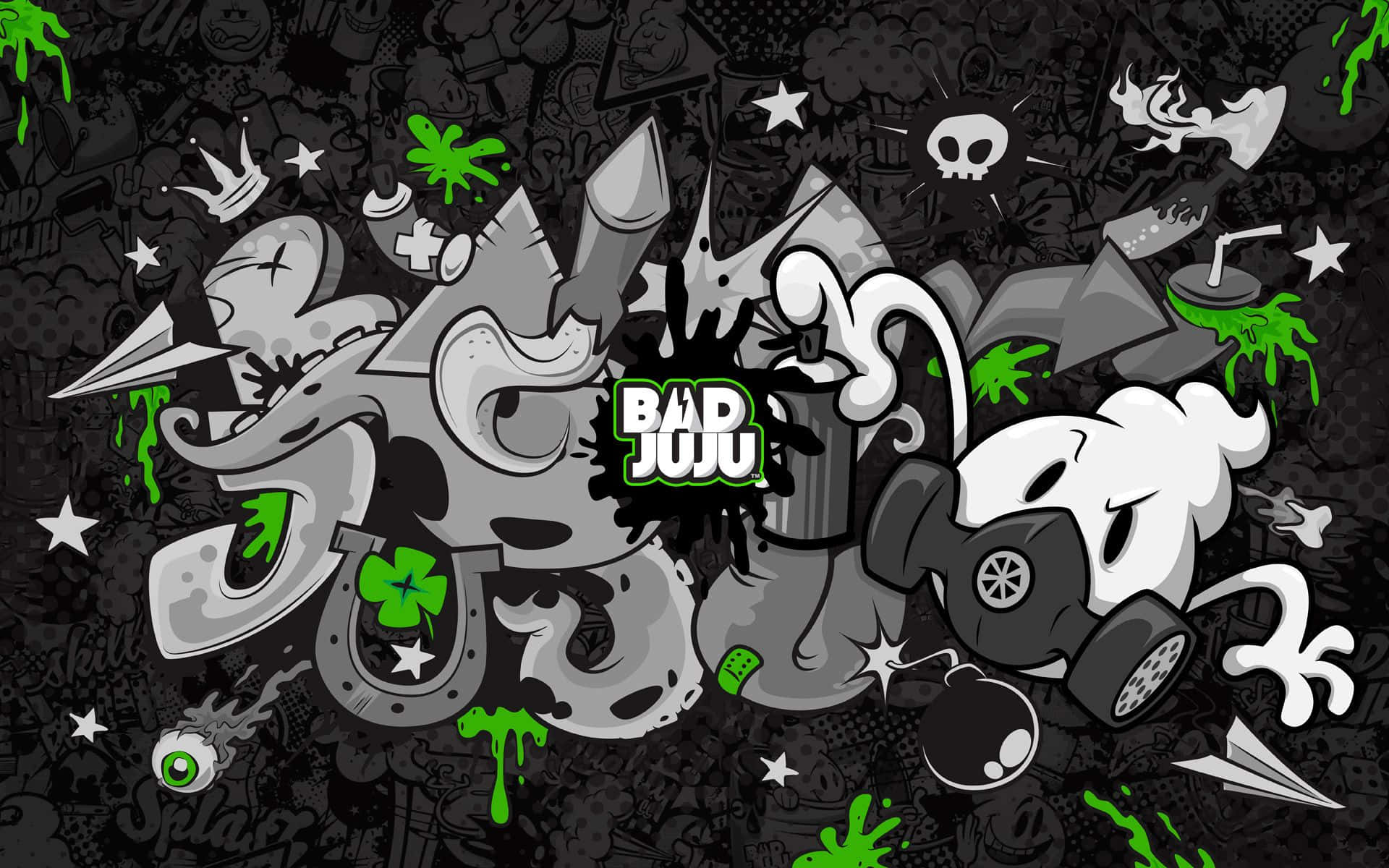 Black And White Graffiti 桌布 壁紙 — 大膽的塗鴉風格藝術品，在深色紋理背景上帶有綠色飛濺和骷髏圖案。