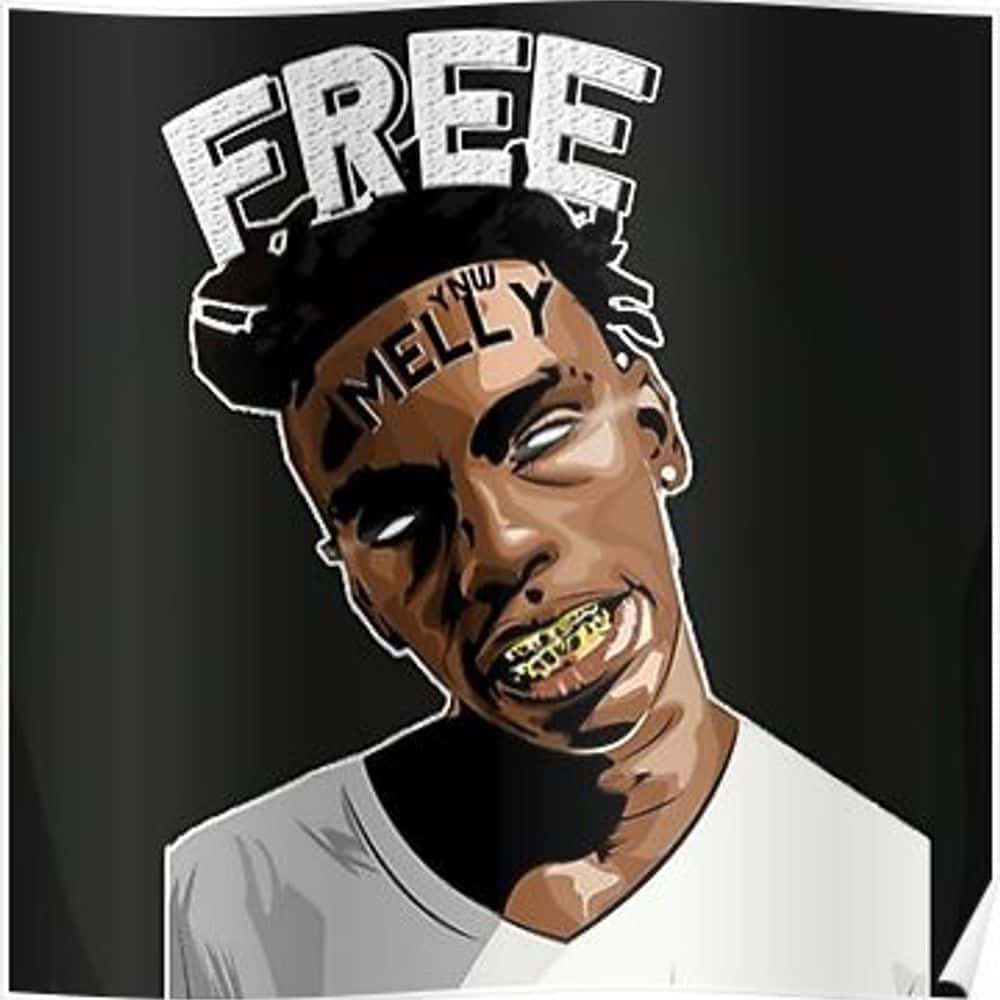 Ynw Melly Cartoon 桌布 壁紙 — 大膽的數位藝術肖像，一名男子頭頂上方有「FREE」和「MELLY」文字，背景為深色。