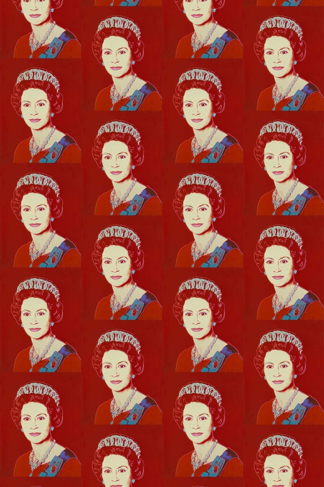 Queen Elizabeth 桌布 壁紙 — 大膽的普普藝術牆紙，以重複的伊利沙伯二世女王網格為特色，背景為紅色，帶有藍色點綴。