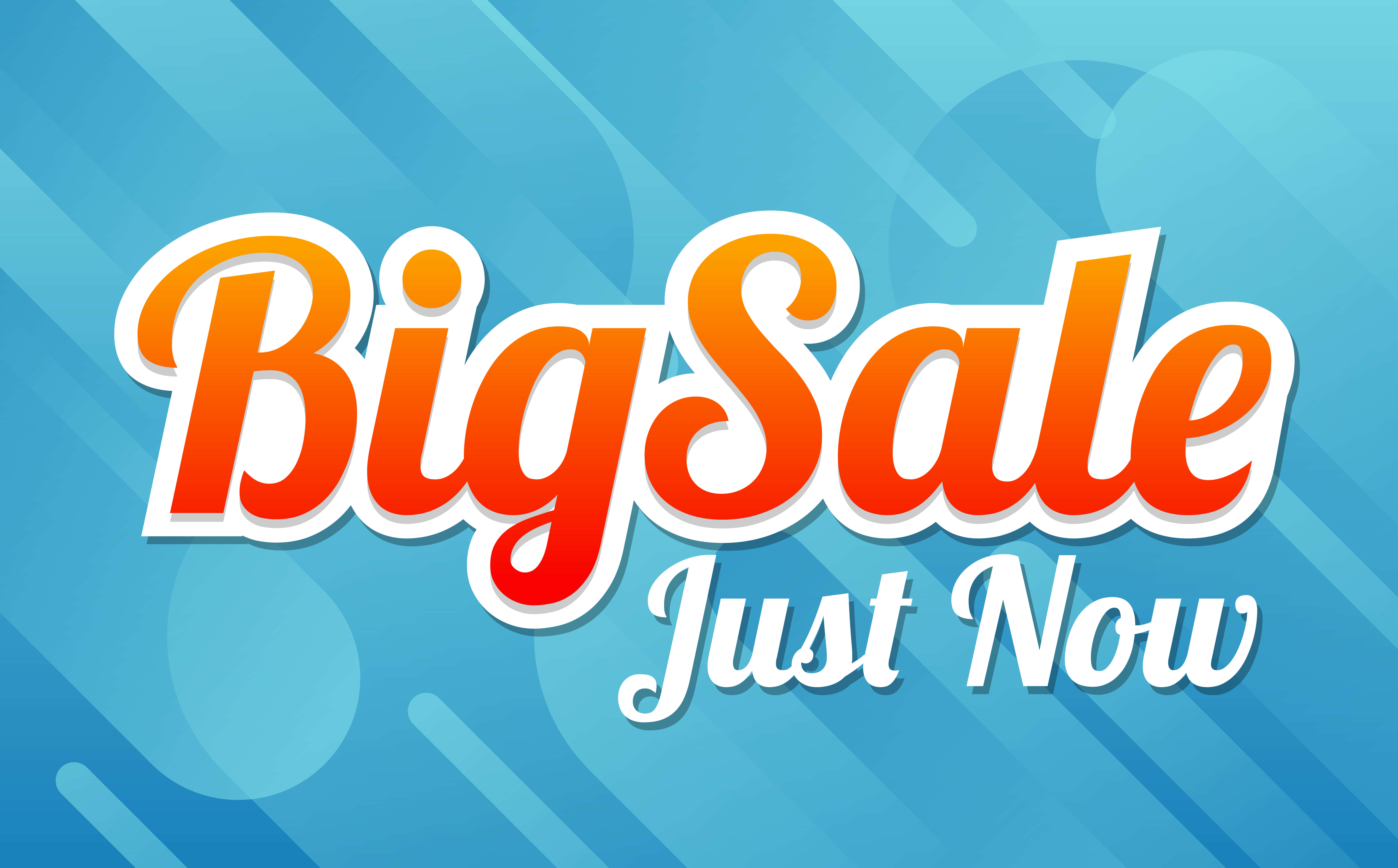 銷售 桌布 壁紙 — 大膽的橙色和白色「Big Sale Just Now」文字在帶有抽象形狀的動態藍色漸變背景上突出顯示。