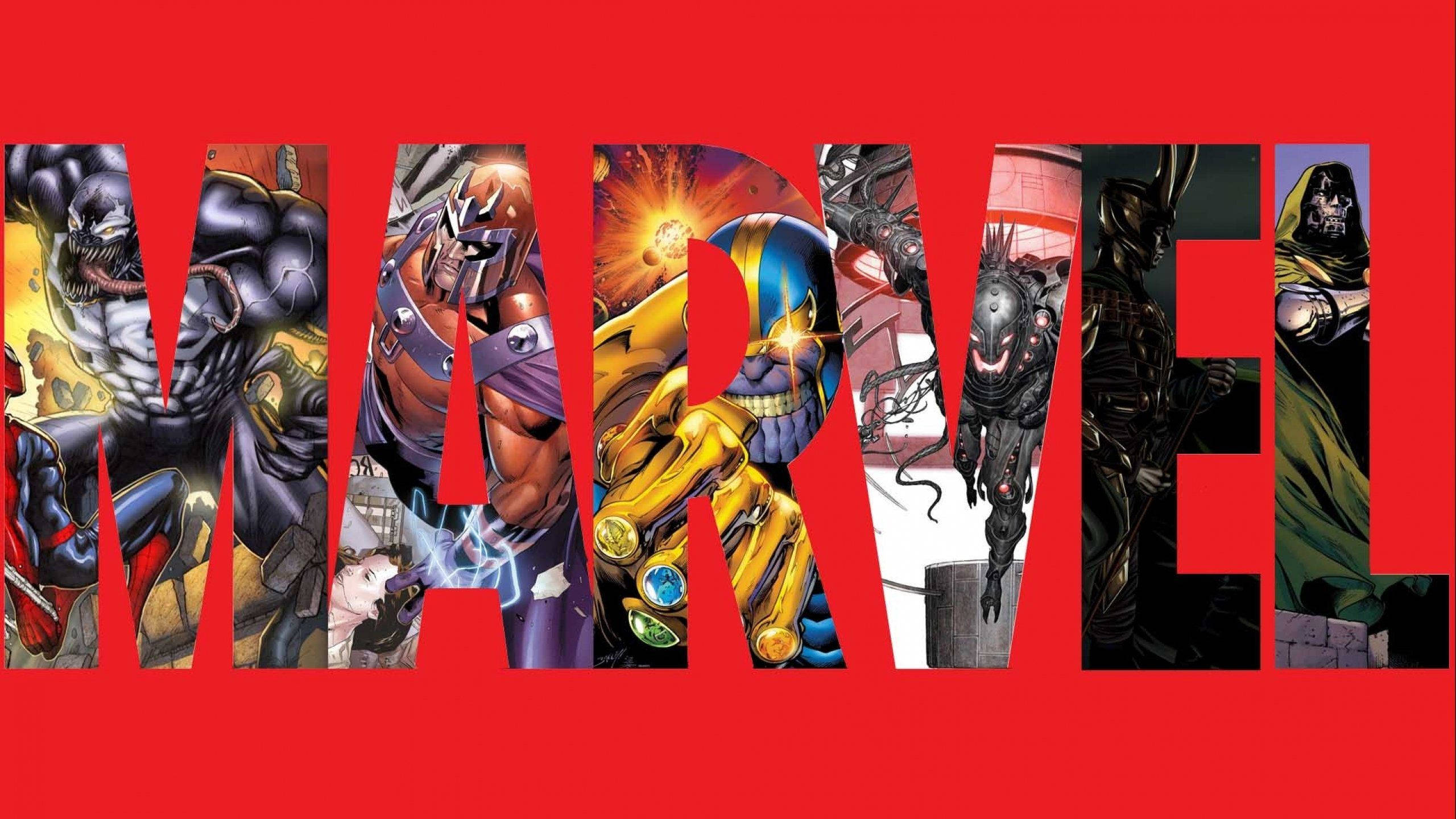 漫威 桌布 壁紙 — 大膽的漫畫英雄和反派填滿了Marvel標誌中的字母，背景是鮮豔的紅色。