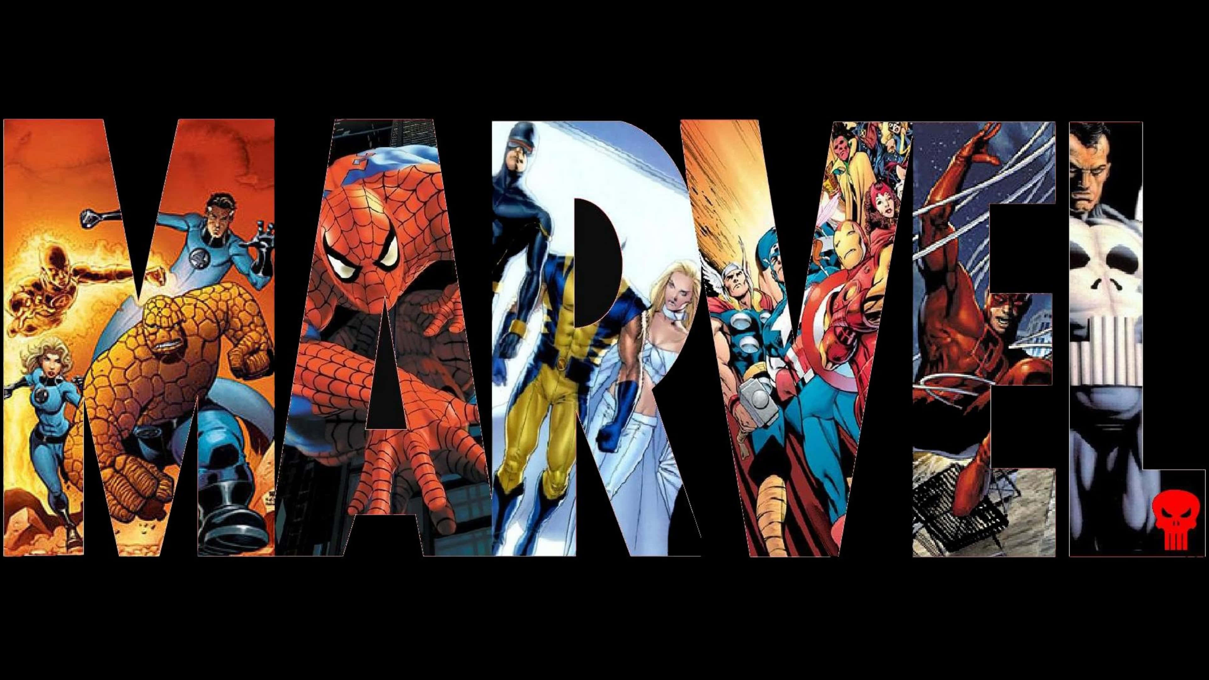 4K Marvel 壁紙 桌布 壁紙 — 大膽的漫畫英雄在黑色背景上以充滿活力的動作面板填滿MARVEL字母。