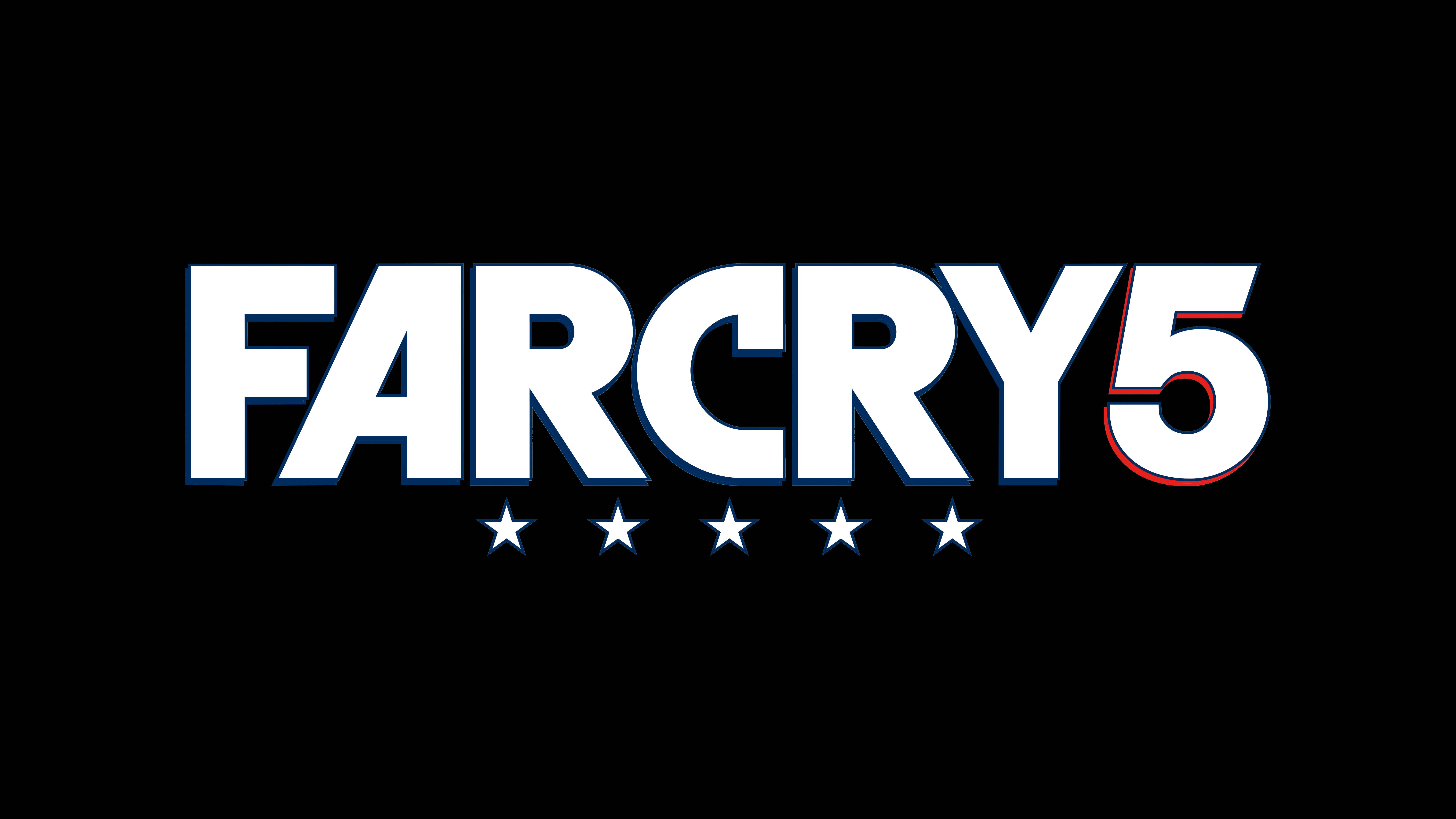 Logo 桌布 壁紙 — 大膽的白色 Far Cry 5 標誌，帶有紅色輪廓，黑色背景，兩側有五顆星。