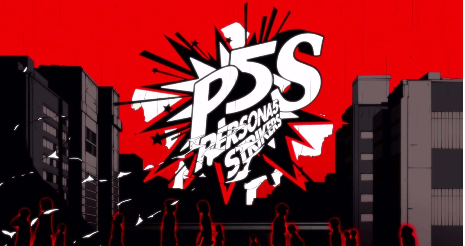 Persona 5 Strikers 桌布 壁紙 — 大膽的白色「P5S」標誌在鮮紅色的天空中爆炸，下方是黑灰色的城市景觀和剪影人物。