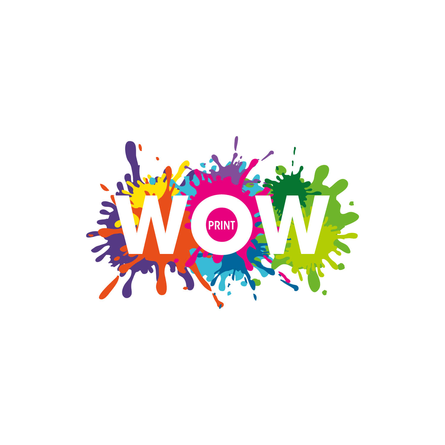 Wow 桌布 壁紙 — 大膽的白色「WOW」文字，周圍環繞著充滿活力的多色油漆飛濺，背景為潔淨的白色。