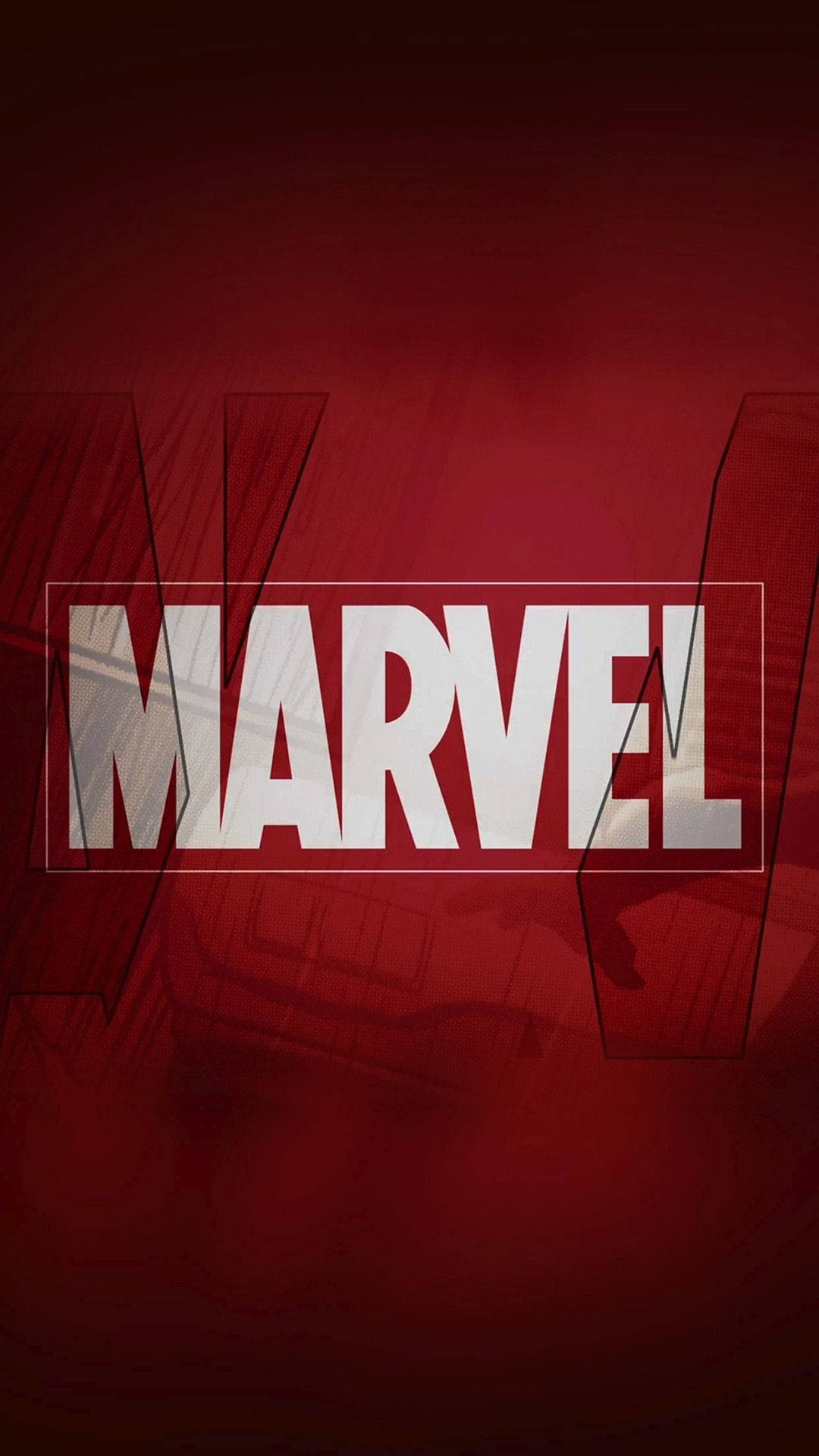 漫威 桌布 壁紙 — 大膽的白色Marvel標誌置於深紅色漸變背景中央，帶有模糊的漫畫格線。