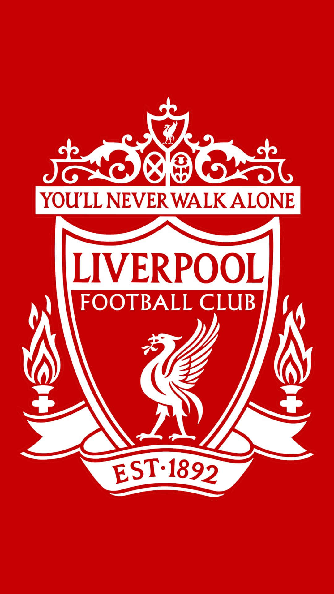 Liverpool Logo 桌布 壁紙 — 大膽的白色利物浦足球會徽章，帶有利物鳥和格言，在純紅色背景上脫穎而出。