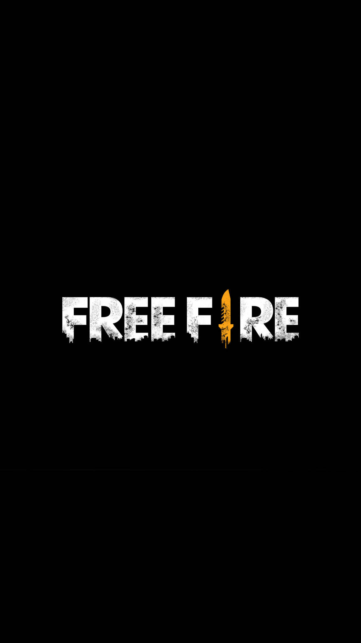Simple Free Fire 2021 Wordmark 壁紙 — 大膽的白色和橙色 Free Fire 標誌，帶有磨損紋理，居中在純黑色背景上。