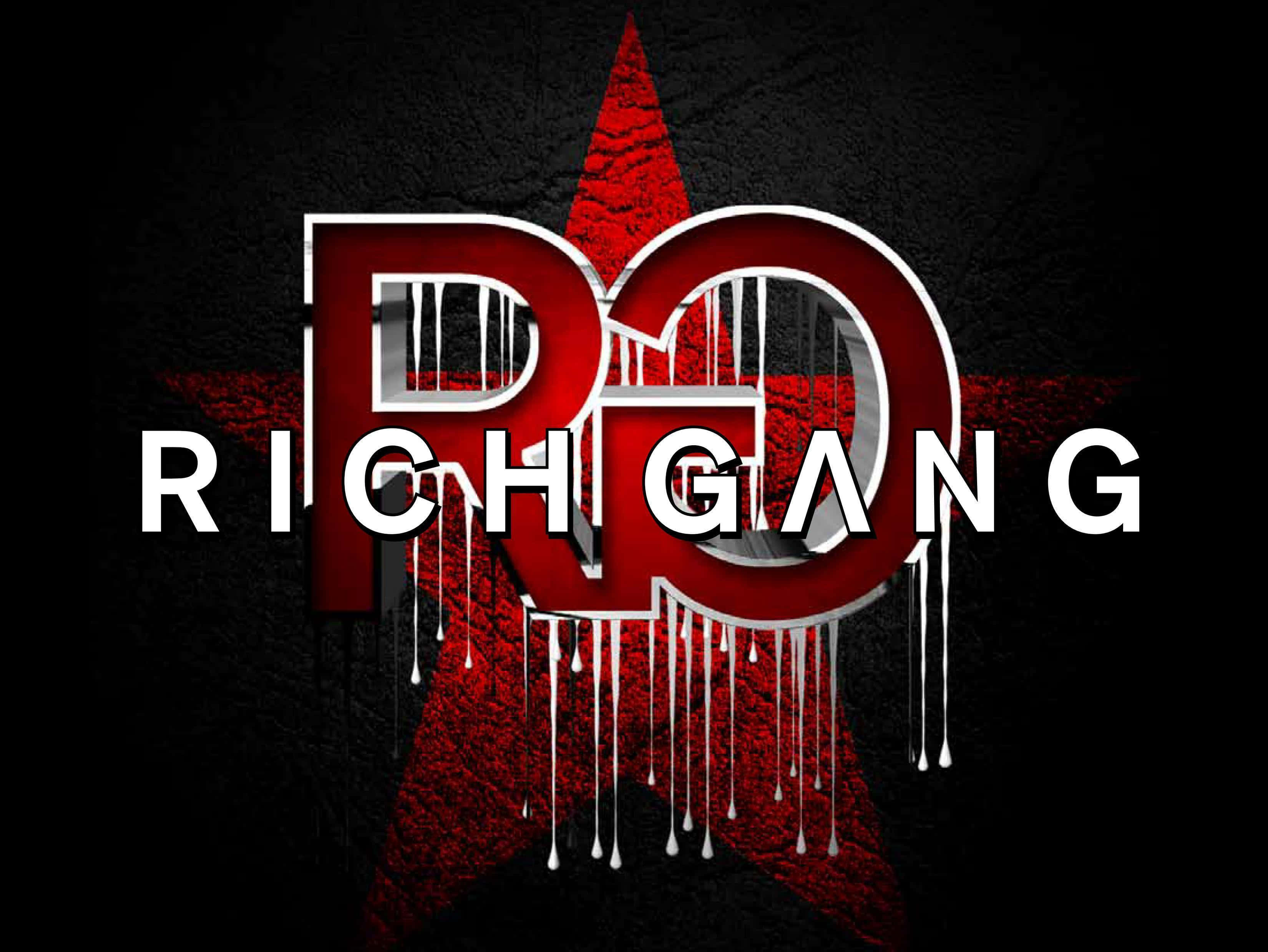 Gang 桌布 壁紙 — 大膽的紅白 'RG RICH GANG' 標誌滴落在帶有紅色星星的紋理黑色背景上。
