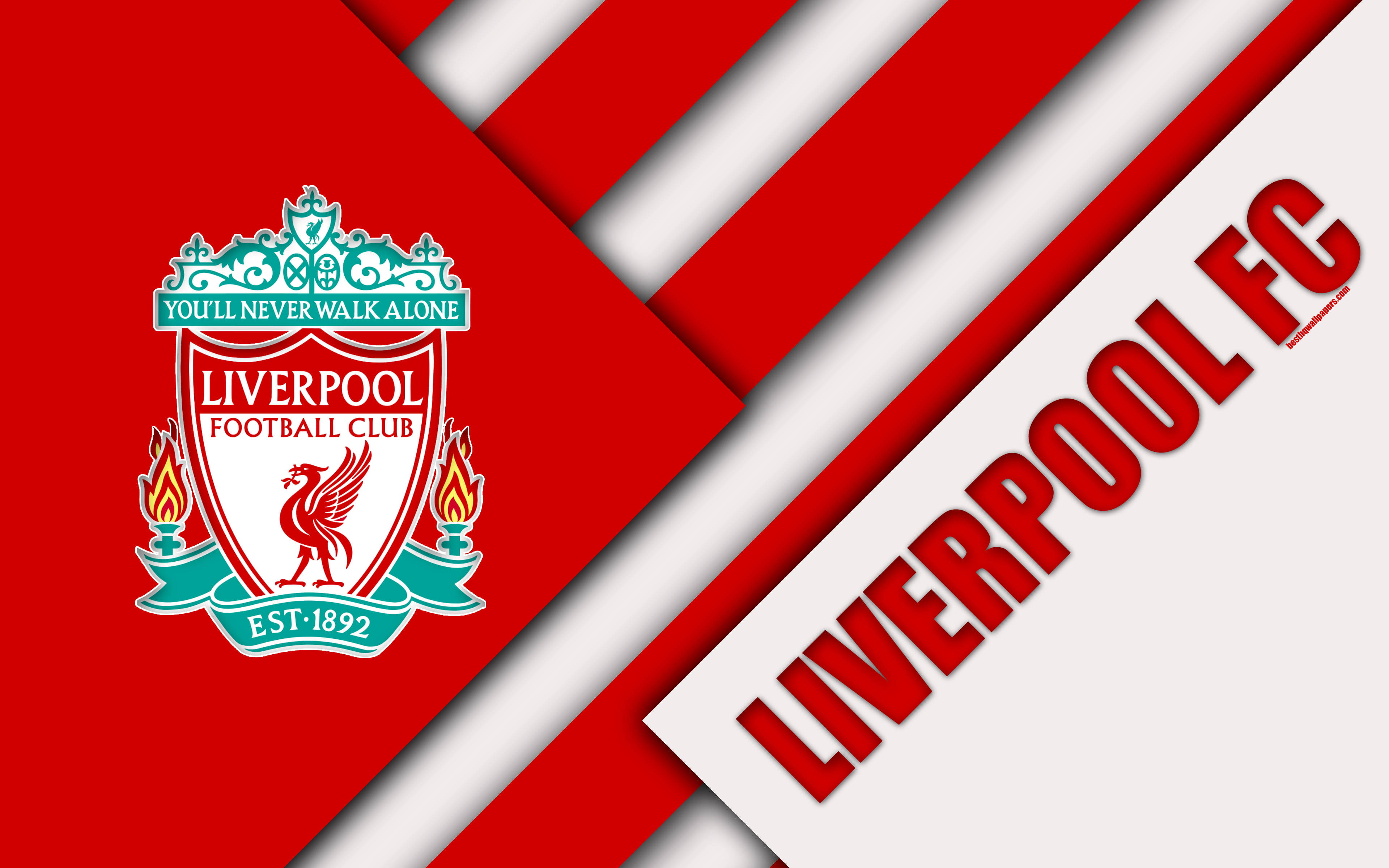 Liverpool Fc 桌布 壁紙 — 大膽的紅白斜紋框住了標誌性的利物浦足球會徽章和球隊名稱，採用充滿活力的球隊色彩。