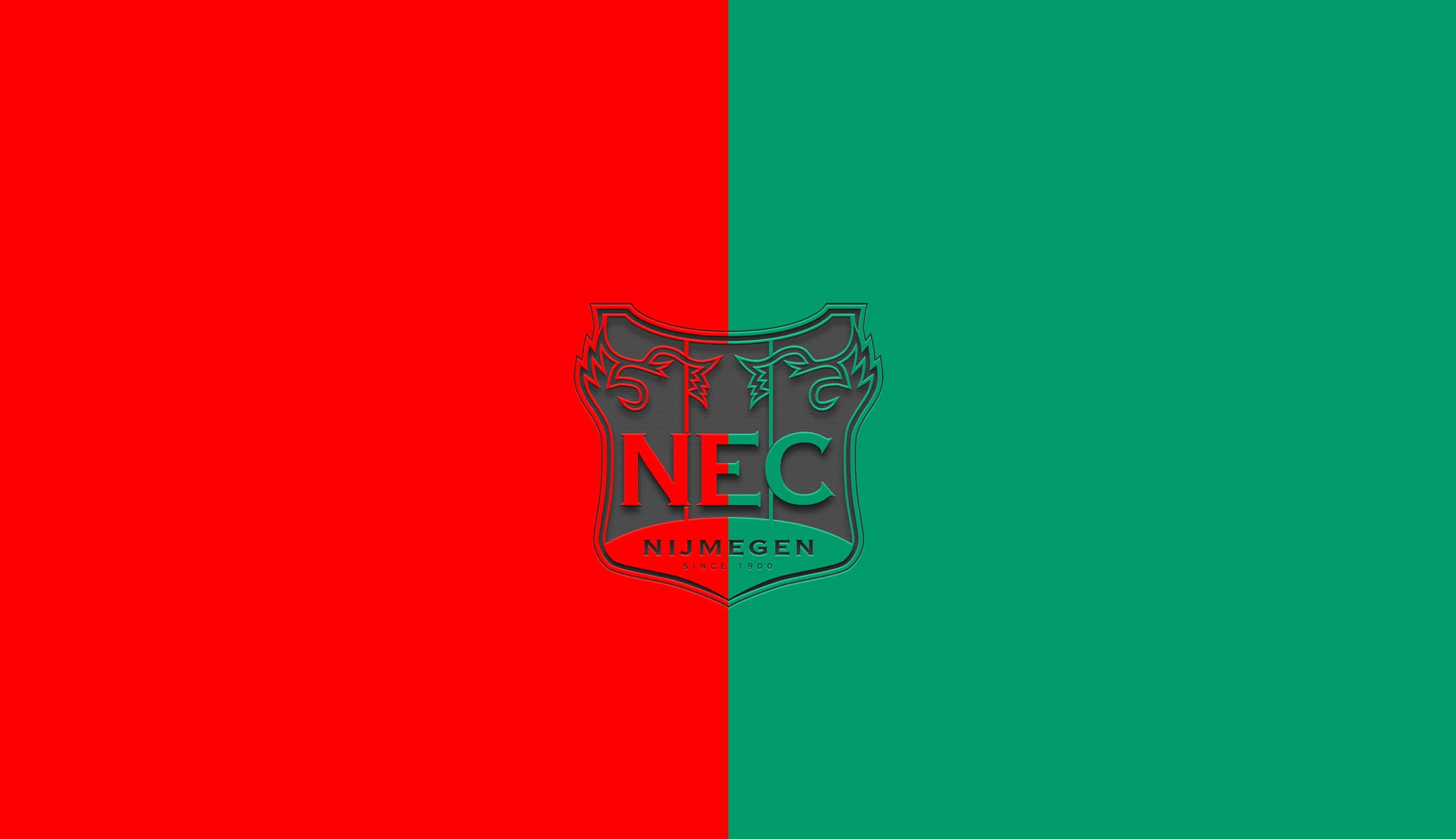 Eredivisie 桌布 壁紙 — 大膽的紅綠分割背景，NEC奈梅亨足球會徽章居中突出顯示。