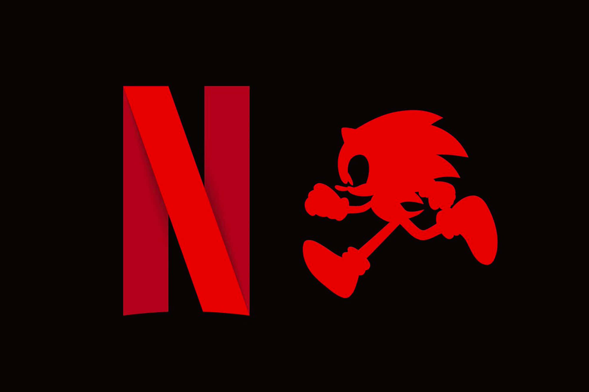 Sonic Logo 桌布 壁紙 — 大膽的紅色 Netflix 標誌和超音鼠剪影在純黑背景上並排競賽。