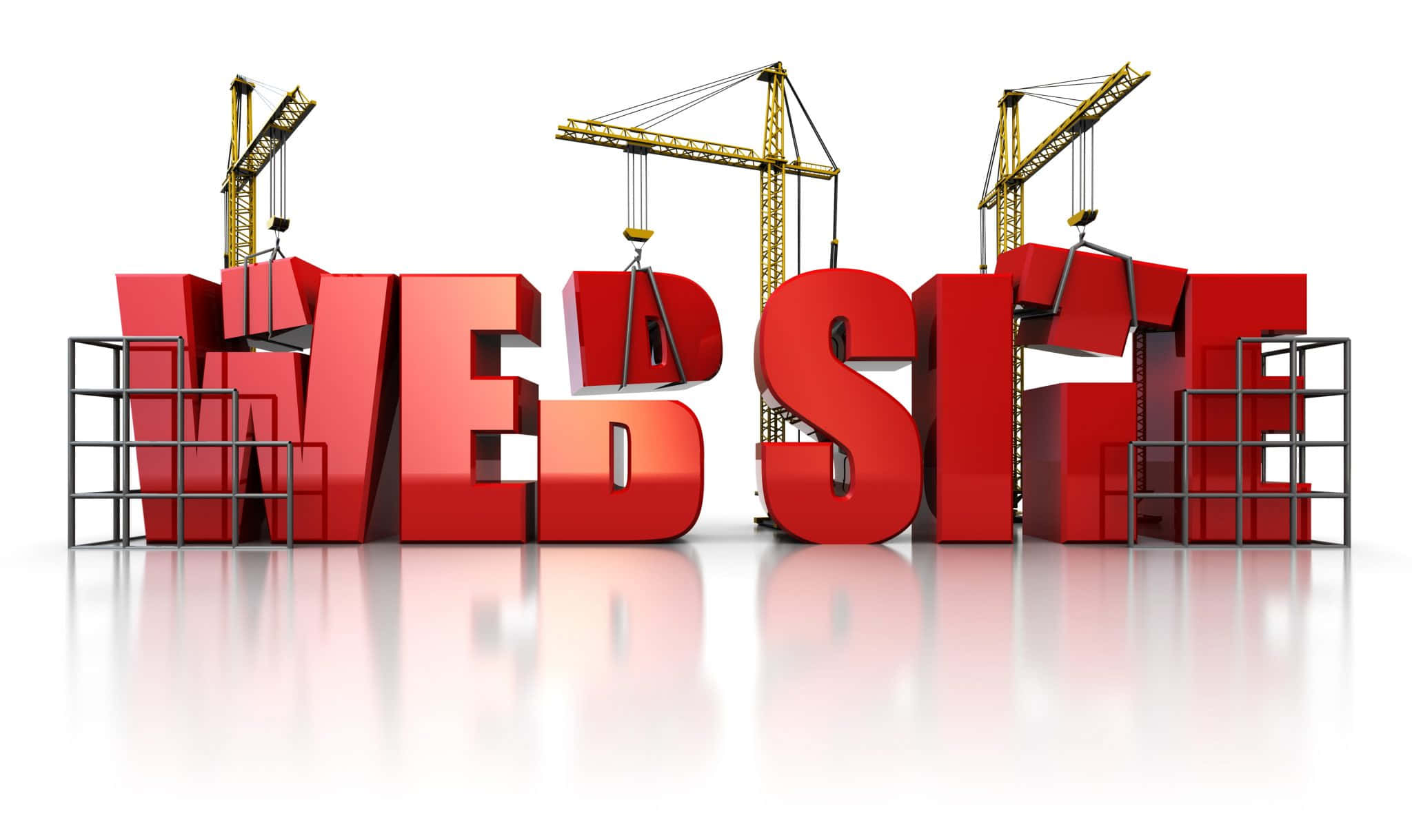 Website 桌布 壁紙 — 大膽的紅色3D字母拼出「WEBSITE」，正由黃色建築起重機在純白背景上組裝。