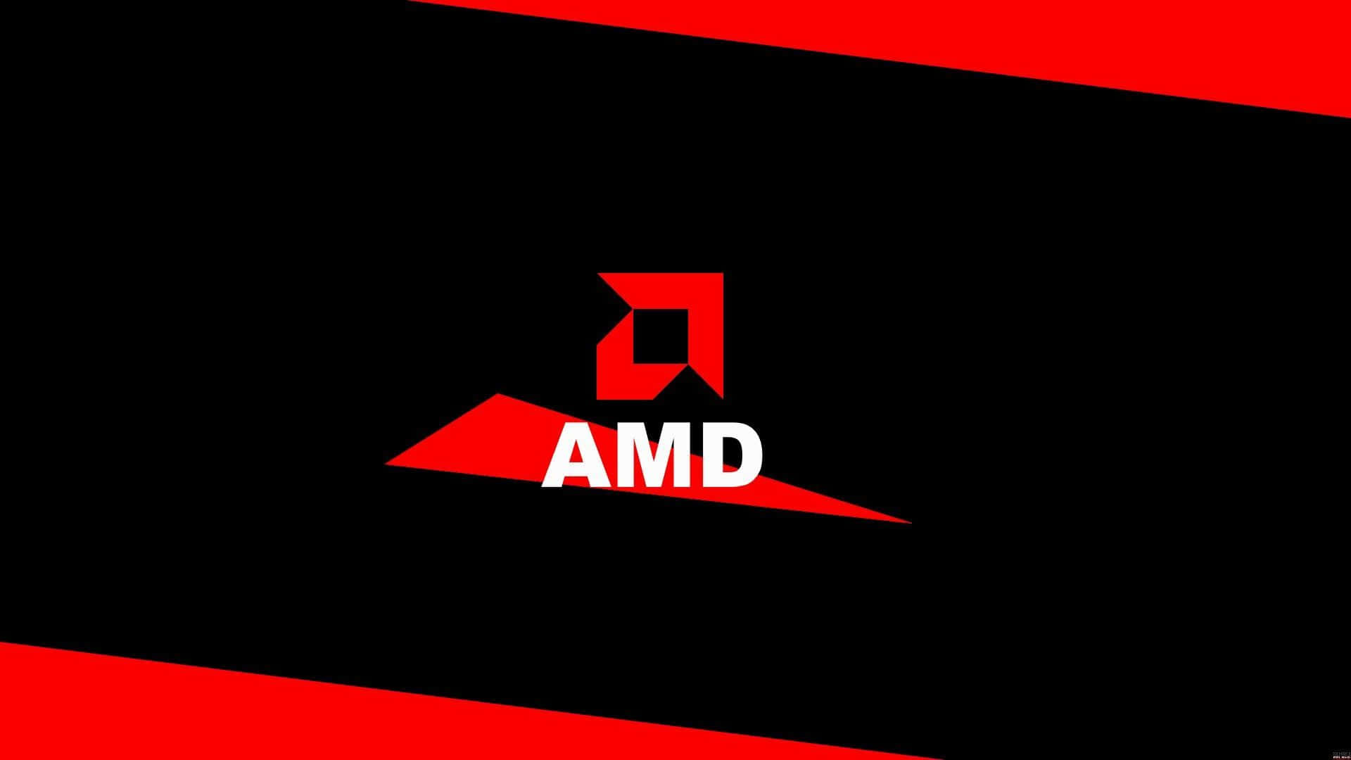 Radeon 桌布 壁紙 — 大膽的紅色AMD標誌居中在黑色背景上，頂部和底部有對角紅色條紋框住。
