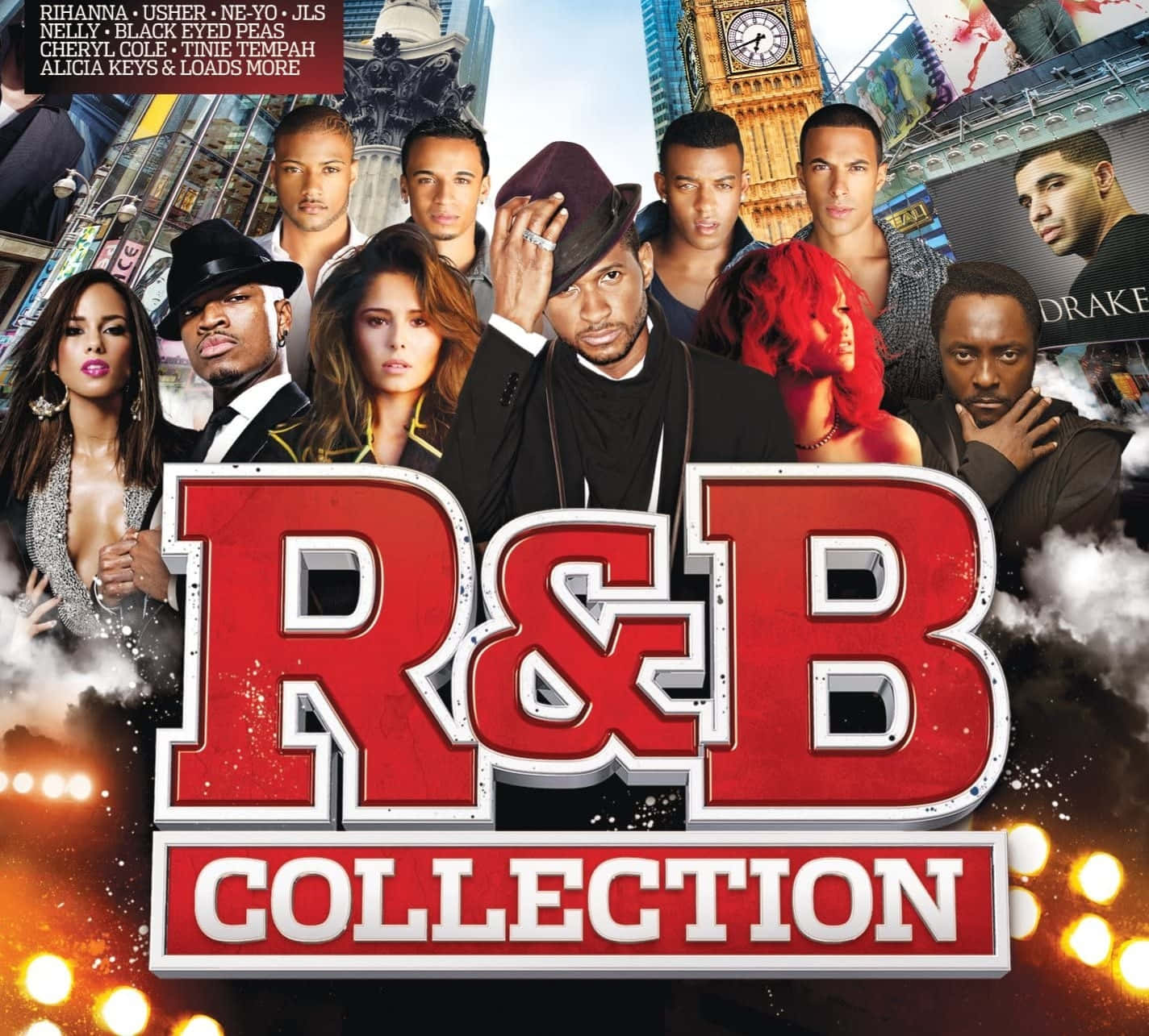 R 桌布 壁紙 — 大膽的紅色R&B Collection文字在著名藝術家的拼貼畫中佔據主導地位，背景是標誌性的全球地標。