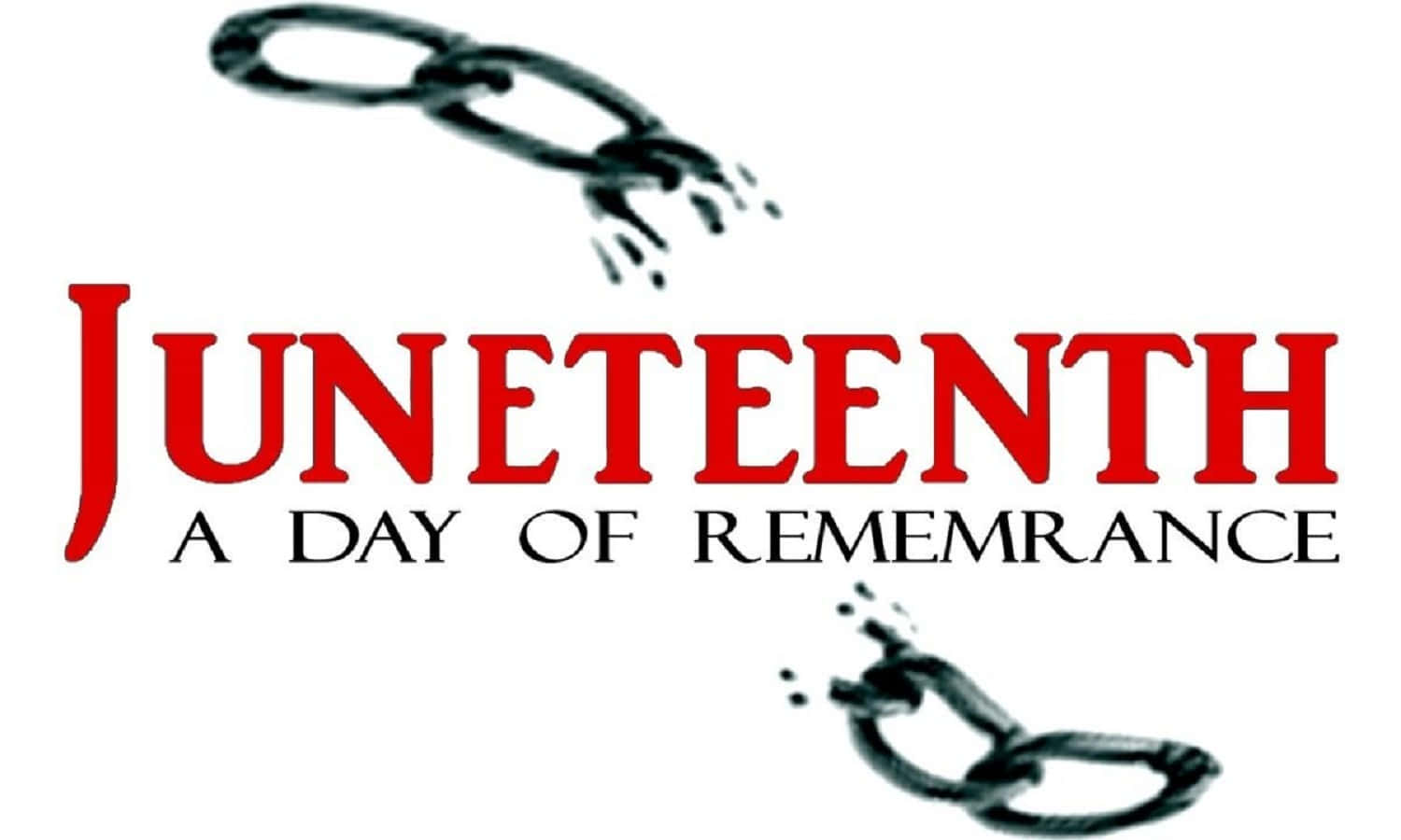 Juneteenth 桌布 壁紙 — 大膽的紅色六月節文字，帶有斷裂的鎖鏈，象徵自由，背景為純白色。