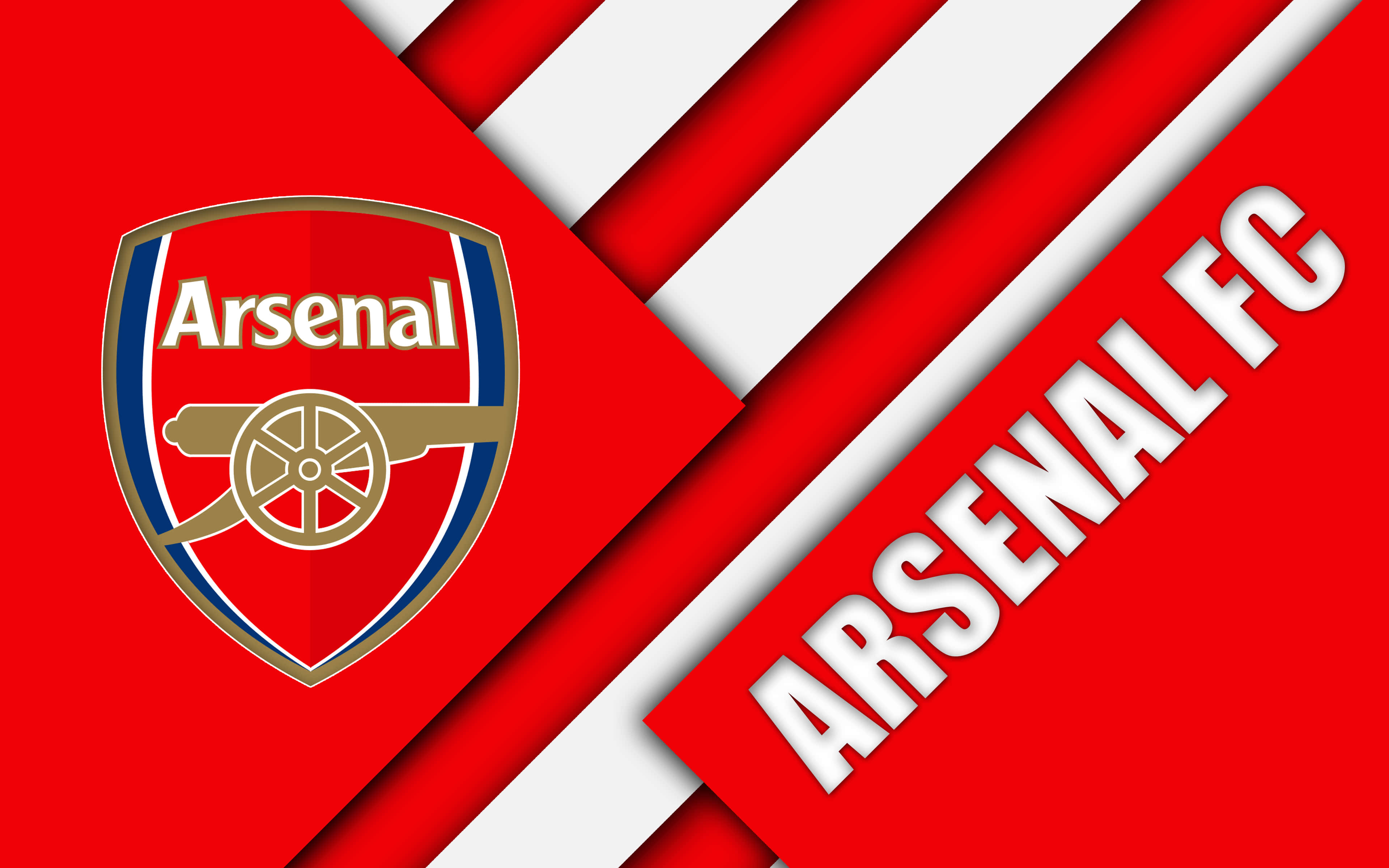 Arsenal 桌布 壁紙 — 大膽的紅色和白色對角條紋框住了阿仙奴足球會的徽章和球隊名稱，字體清晰。