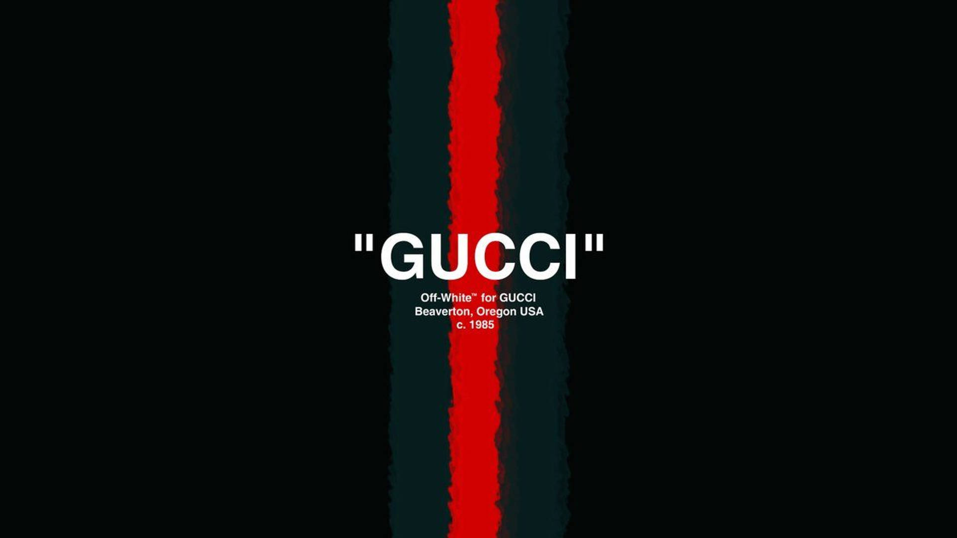 Gucci 桌布 壁紙 — 大膽的紅色和藍綠色條紋框住黑色背景上的白色文字GUCCI，並帶有復古品牌細節。