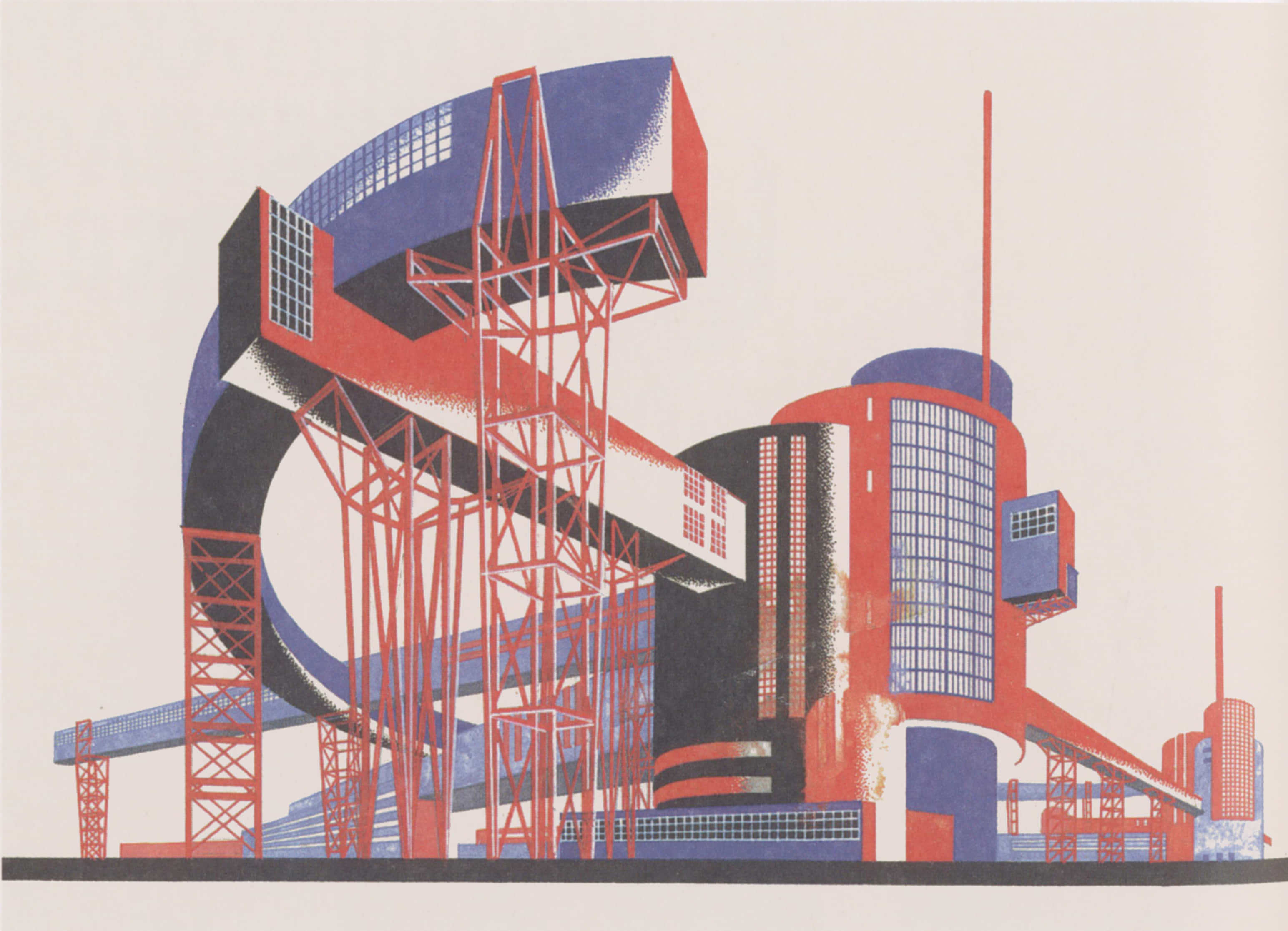 Constructivism 桌布 壁紙 — 大膽的紅色和藍色幾何建築物，帶有格子腳手架，在風格化插圖中聳立在樸素的背景上。