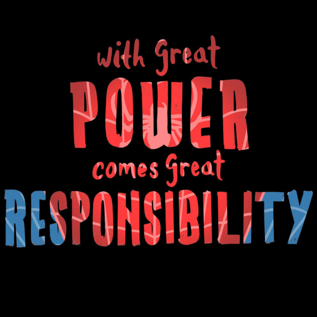 With Great Power Comes Great Responsibility 桌布 壁紙 — 大膽的紅色和藍色文字在純黑色背景上宣告「能力越大，責任越大」。