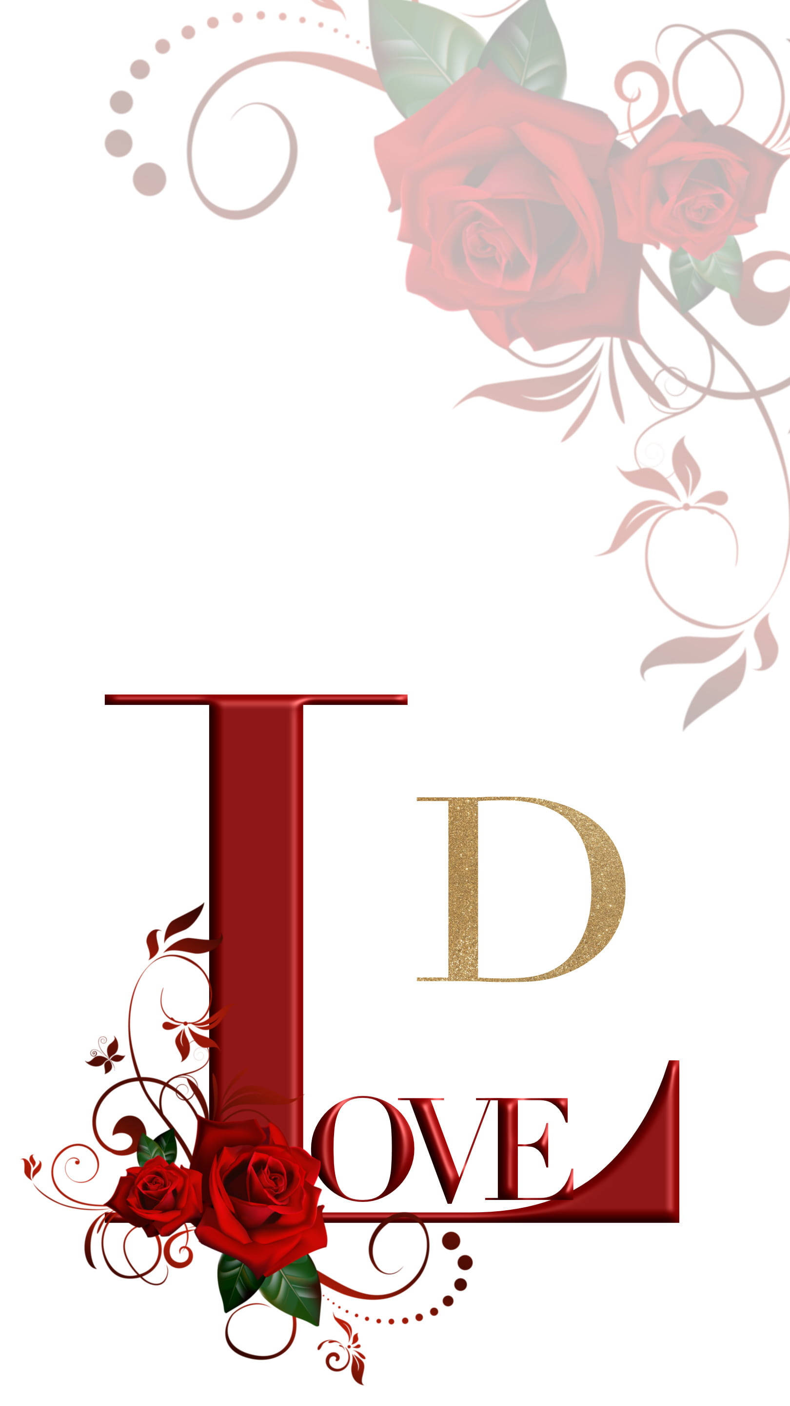 愛心 桌布 壁紙 — 大膽的紅色和金色「I LOVE」文字設計，飾以鮮豔的紅玫瑰和優雅的漩渦，背景為純白色。