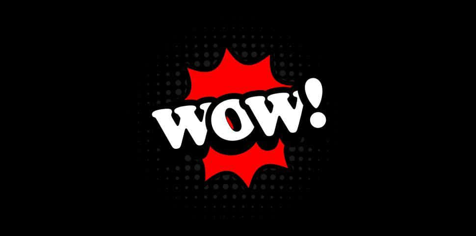 Wow 桌布 壁紙 — 大膽的紅色漫畫對話框，帶有白色「WOW！」文字，在黑色半色調背景上突出顯示。