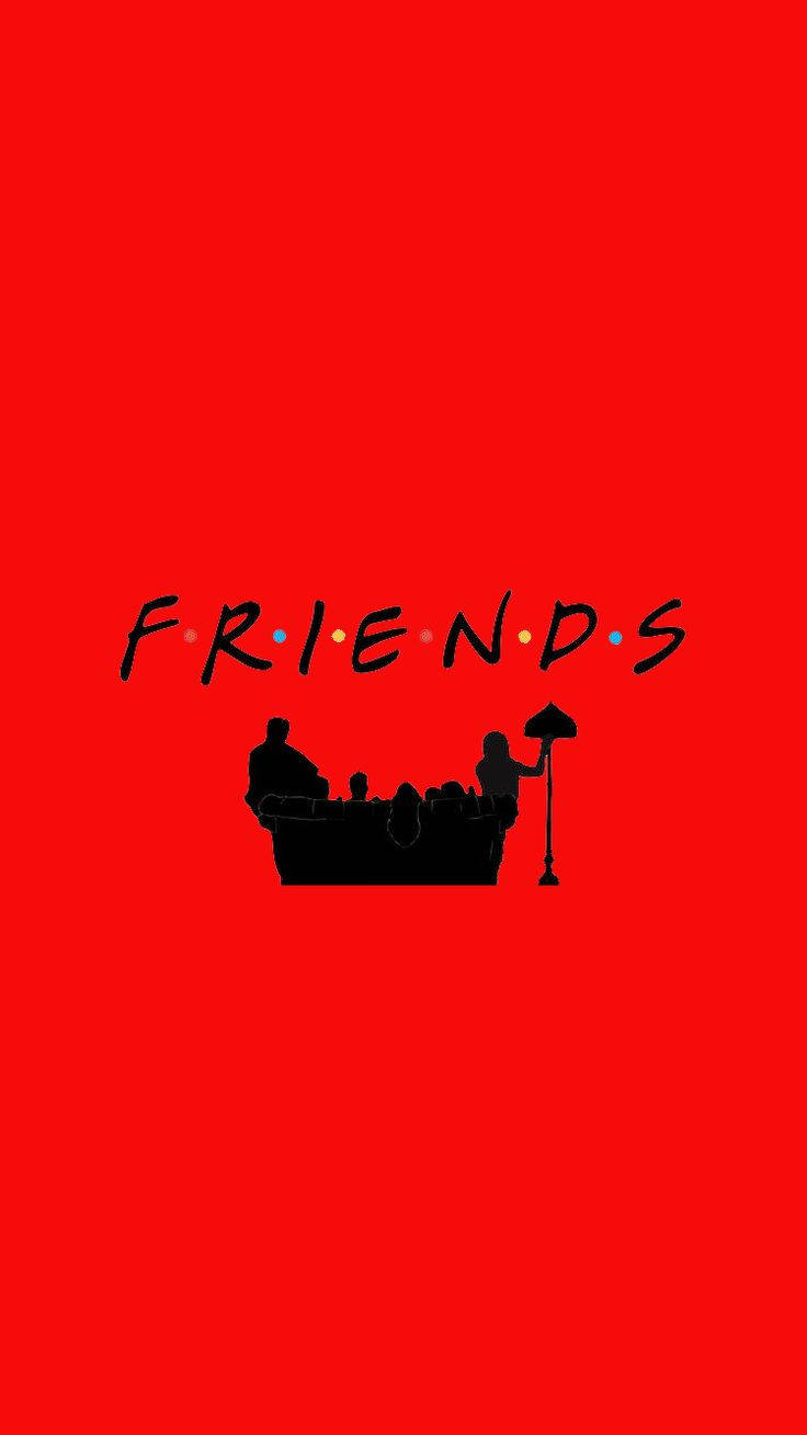 Friends Aesthetic 桌布 壁紙 — 大膽的紅色背景，在標誌性的 Friends 標誌下，沙發上六位朋友的黑色剪影，帶有彩色圓點。