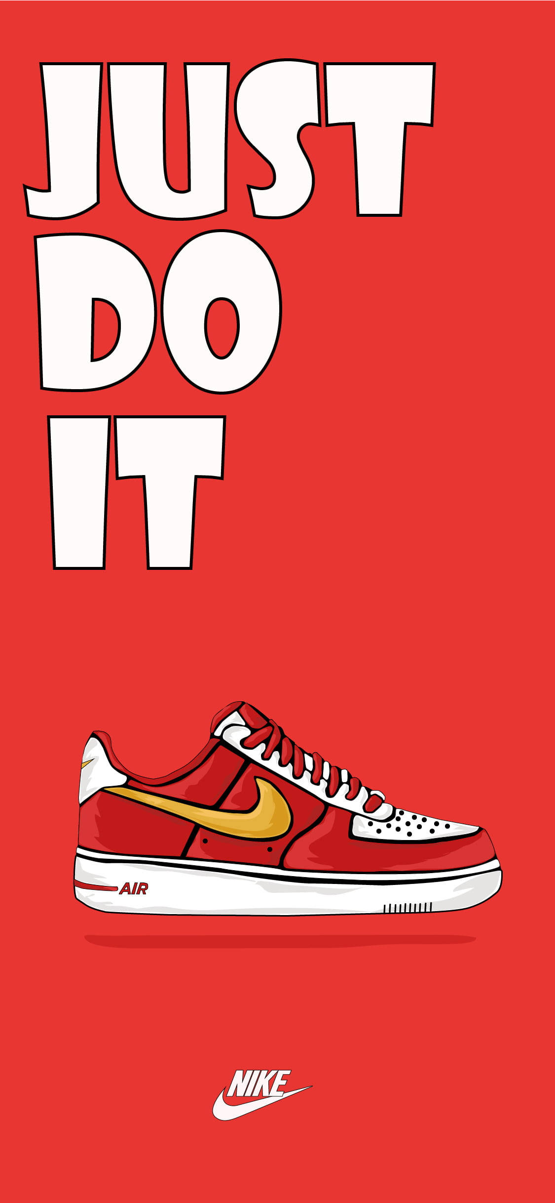 Nike 桌布 壁紙 — 大膽的紅色背景上，白色輪廓的「JUST DO IT」標語位於帶有金色勾勾的紅白Nike Air運動鞋上方。