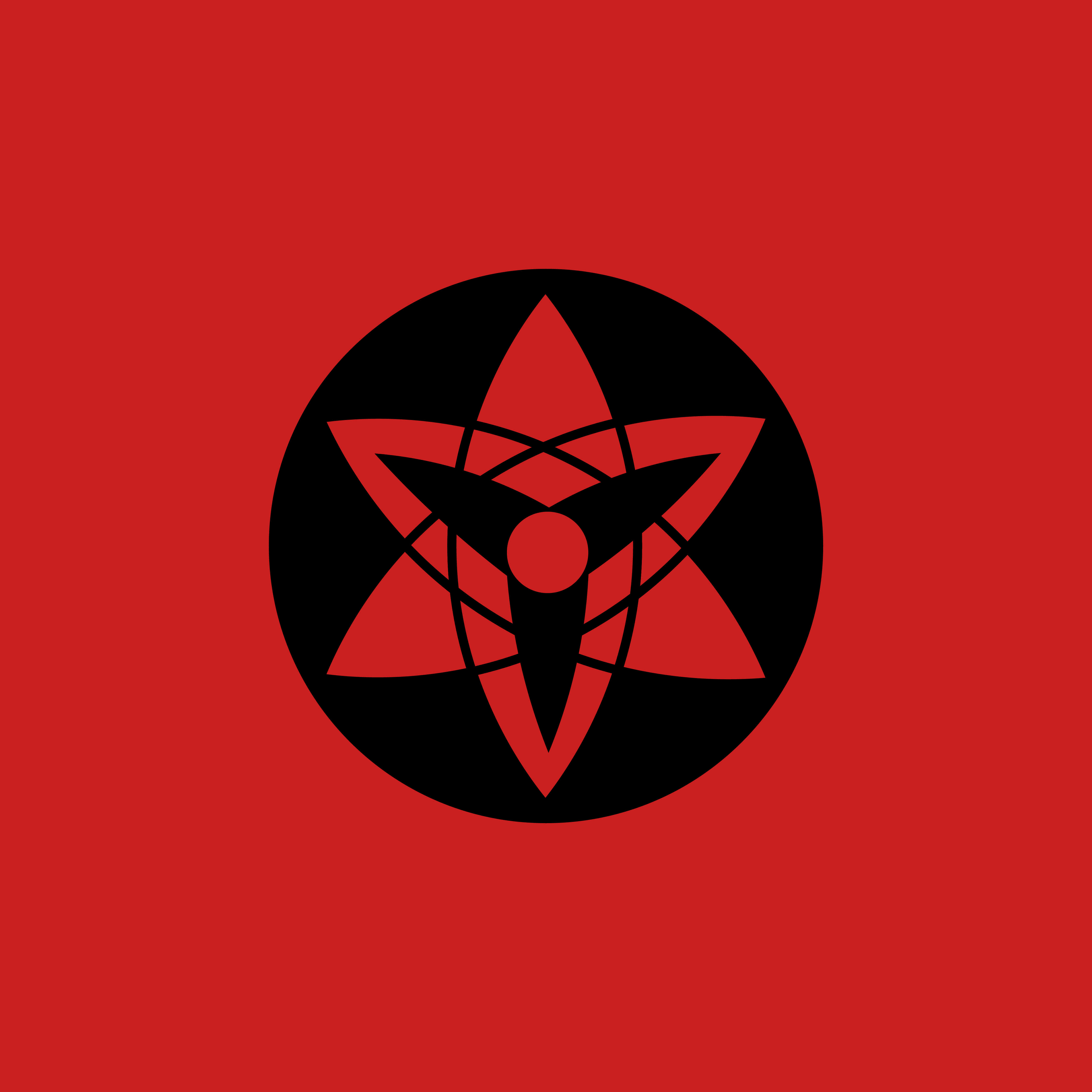 Mangekyou Sharingan 桌布 壁紙 — 大膽的紅色背景上有一個黑色圓圈，內含一個風格化的紅黑星形符號，帶有交叉線條。