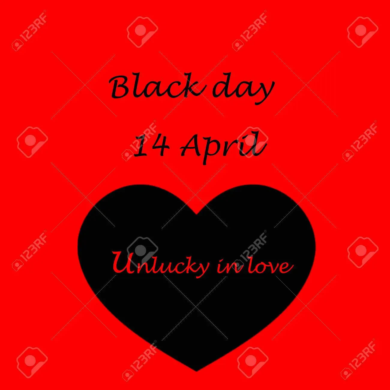 Black Day 桌布 壁紙 — 大膽的紅色背景上有一個黑色心形，文字宣佈4月14日是愛情中的不幸日。