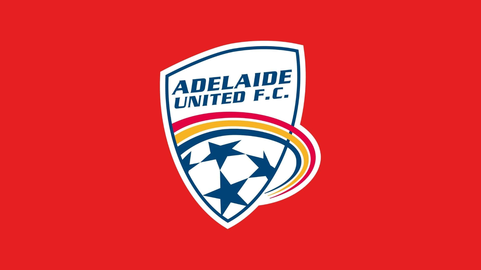 Adelaide United 桌布 壁紙 — 大膽的紅色背景展示了阿德萊德聯足球會的會徽，帶有藍色星星和彩色條紋。