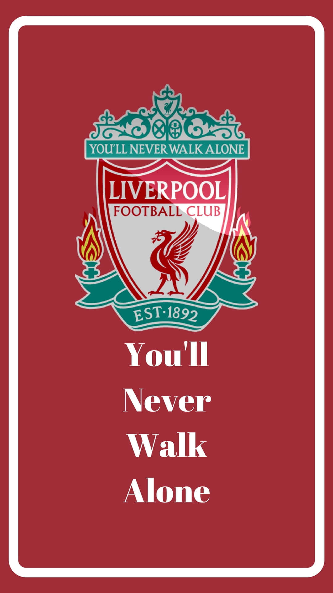 Liverpool Logo 桌布 壁紙 — 大膽的紅色背景展示利物浦足球會徽章，上有紅色利物鳥和火焰，兩側以白色文字寫著格言 You'll Never Walk Alone。