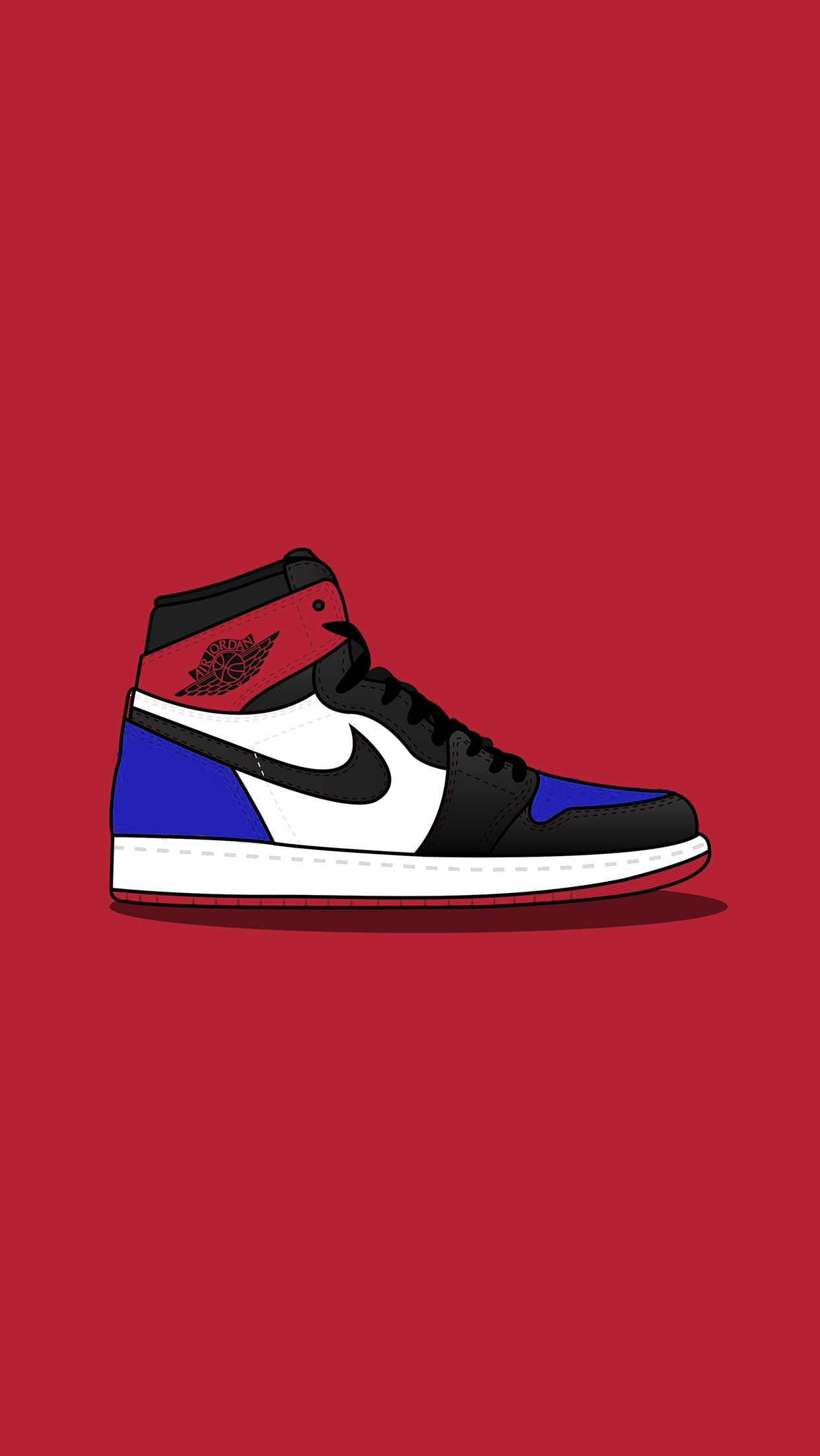 Air Jordan 桌布 壁紙 — 大膽的紅色背景突顯了帶有黑色、白色和藍色面板以及黑色Swoosh的風格化高筒運動鞋。