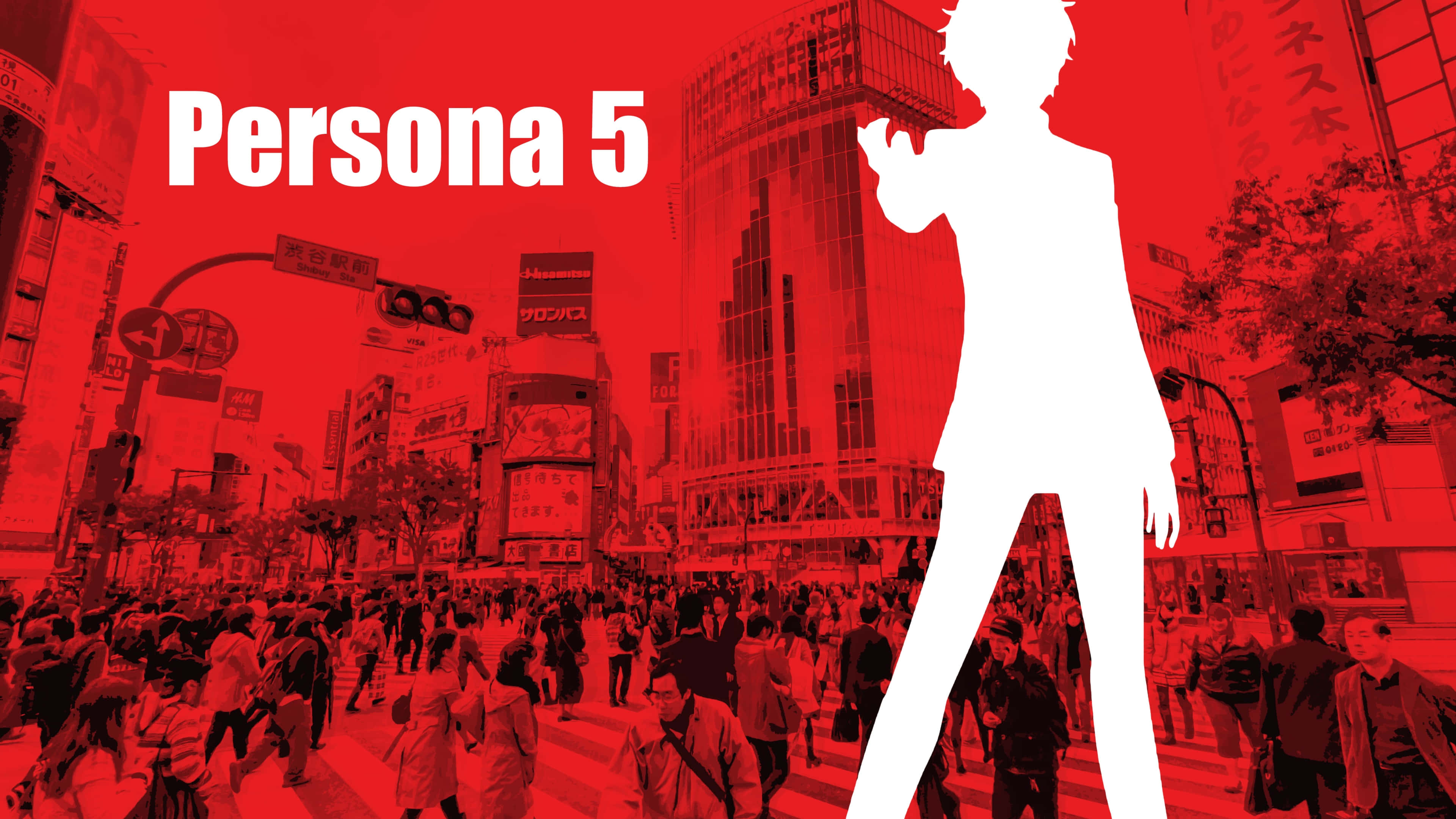 persona 桌布 壁紙 — 大膽的紅色調城市景觀，以擁擠的街道和帶有日語標誌的高聳建築為背景，呈現一個手持電話的角色白色剪影。