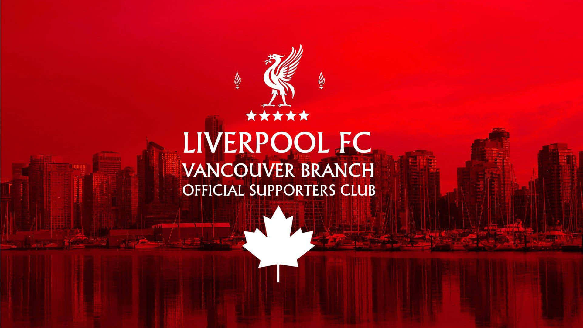 Liverpool 桌布 壁紙 — 大膽的紅色調城市景觀，展示利物浦FC溫哥華分會標誌和加拿大楓葉，位於海濱建築和船隻之上。