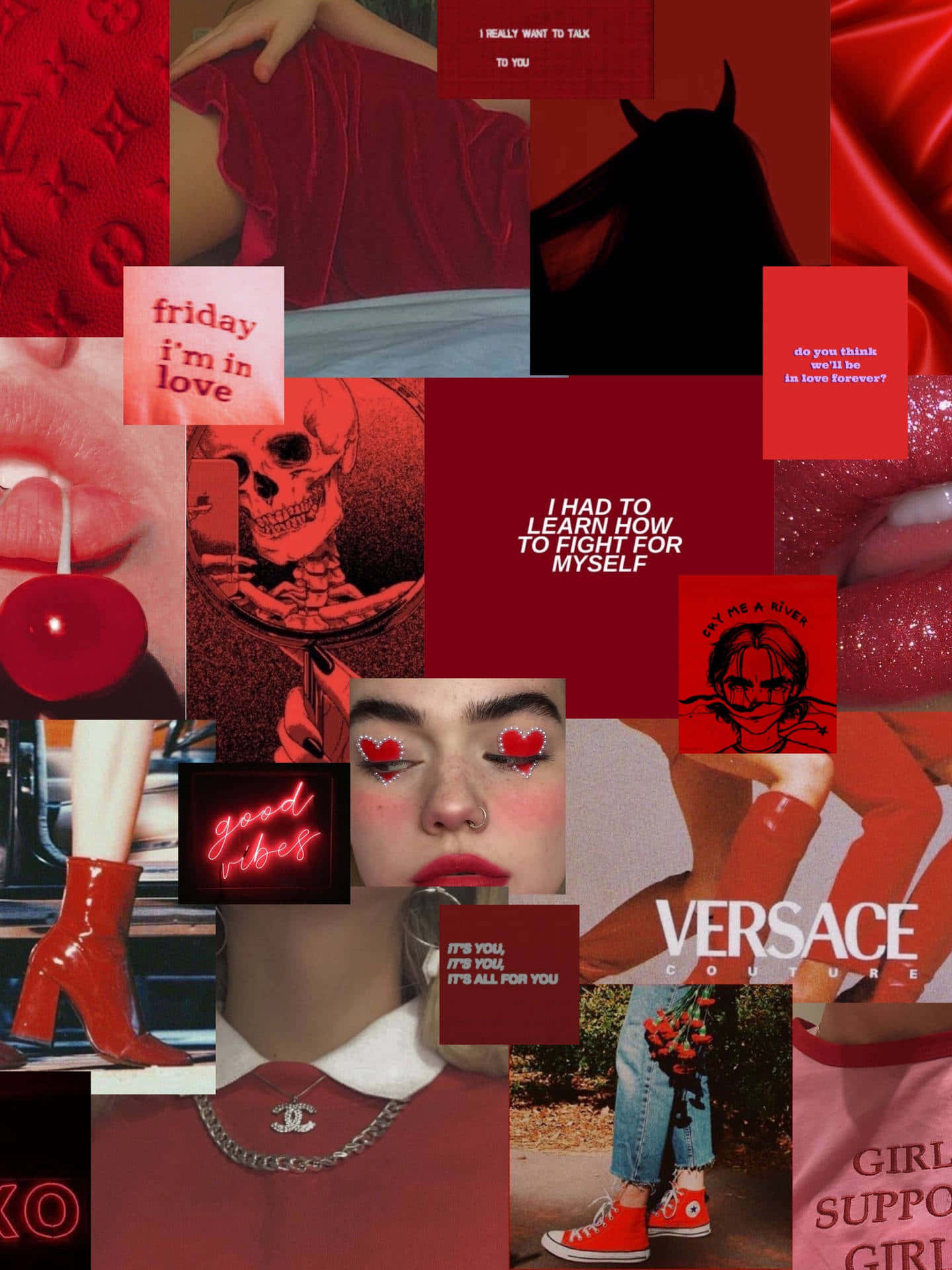 Pastel Red Aesthetic 桌布 壁紙 — 大膽的紅色調拼貼畫，以年輕美學展示時尚配飾、浪漫語錄和流行文化參考。