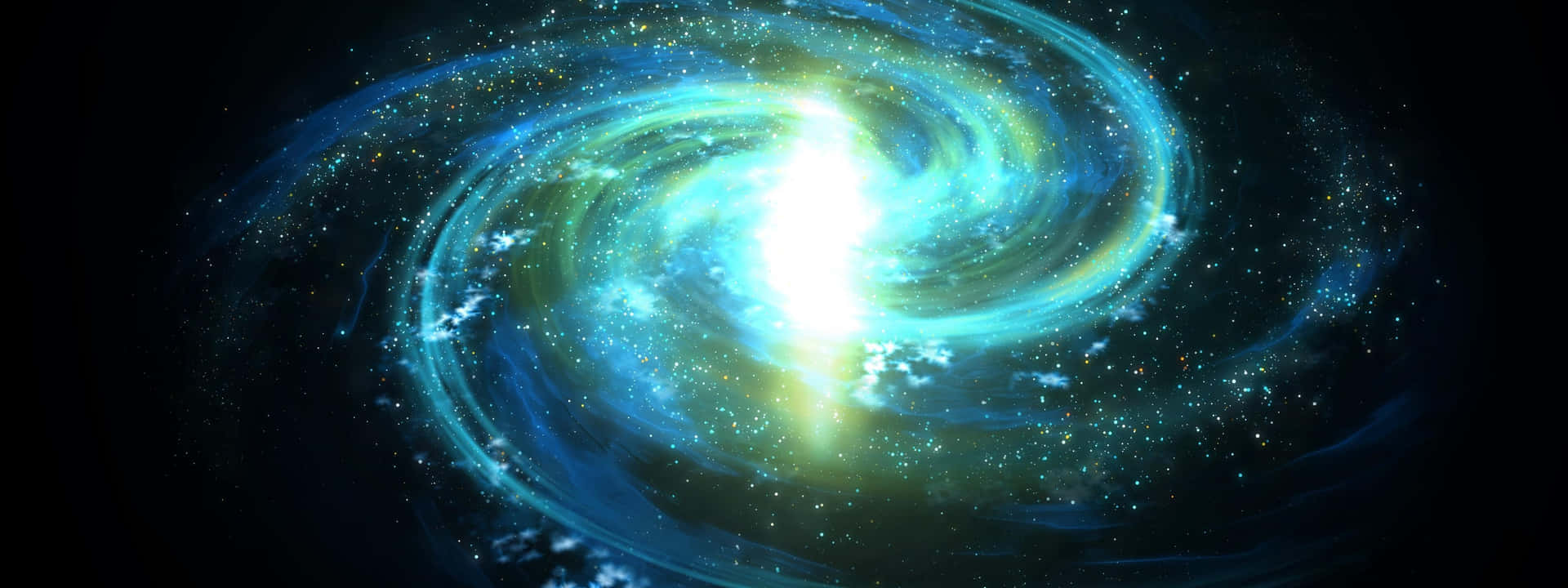 一個閃爍的螺旋星系，帶有藍色和綠色的星雲在太空中旋轉。