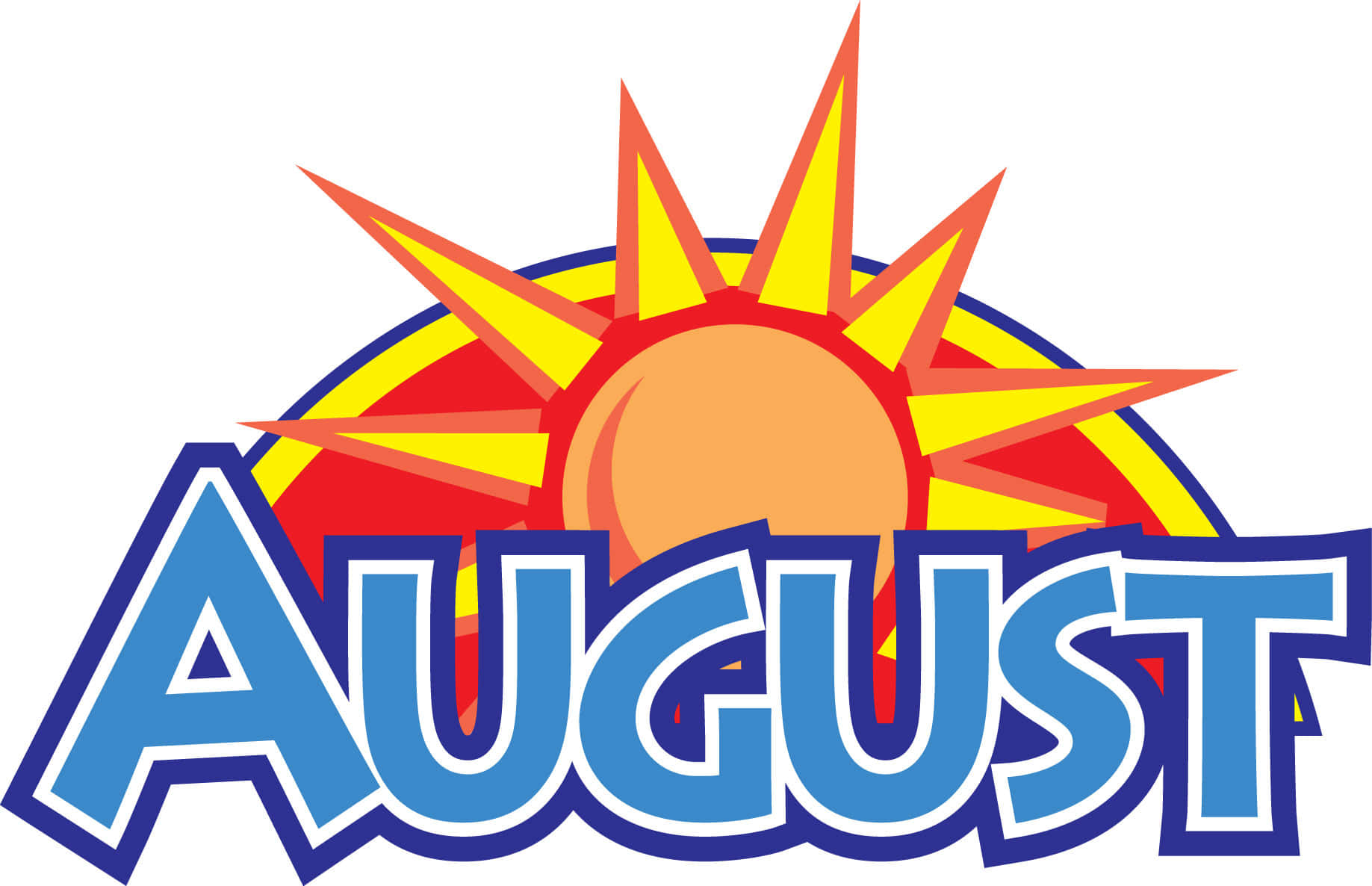 August 桌布 壁紙 — 大膽的藍色 'AUGUST' 文字，背後有紅色、黃色和橙色的風格化太陽光芒。