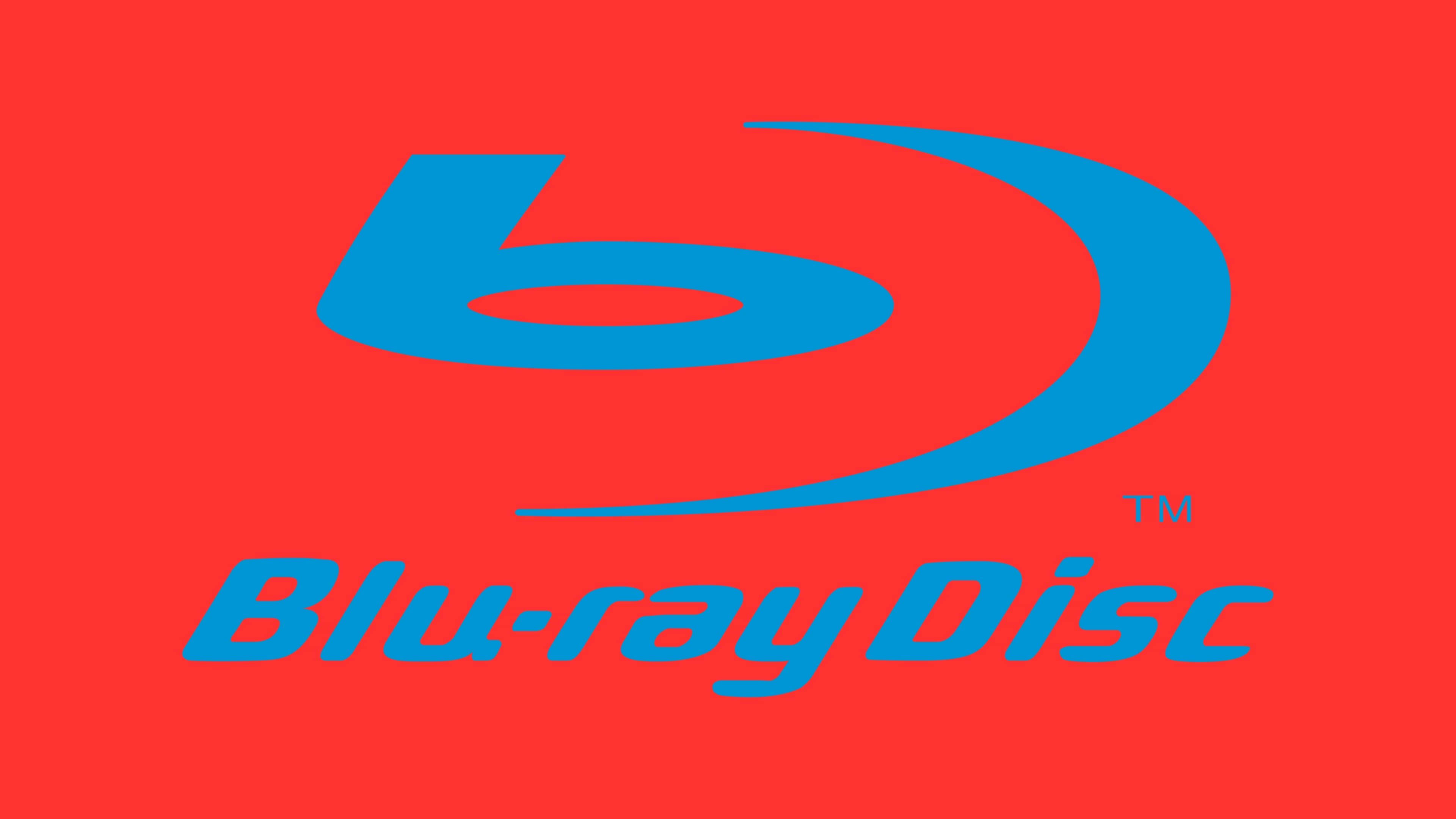 4K Blu-ray 桌布 壁紙 — 大膽的藍色 Blu-ray Disc 標誌居中於鮮豔的紅色背景上，搭配簡潔的字體。