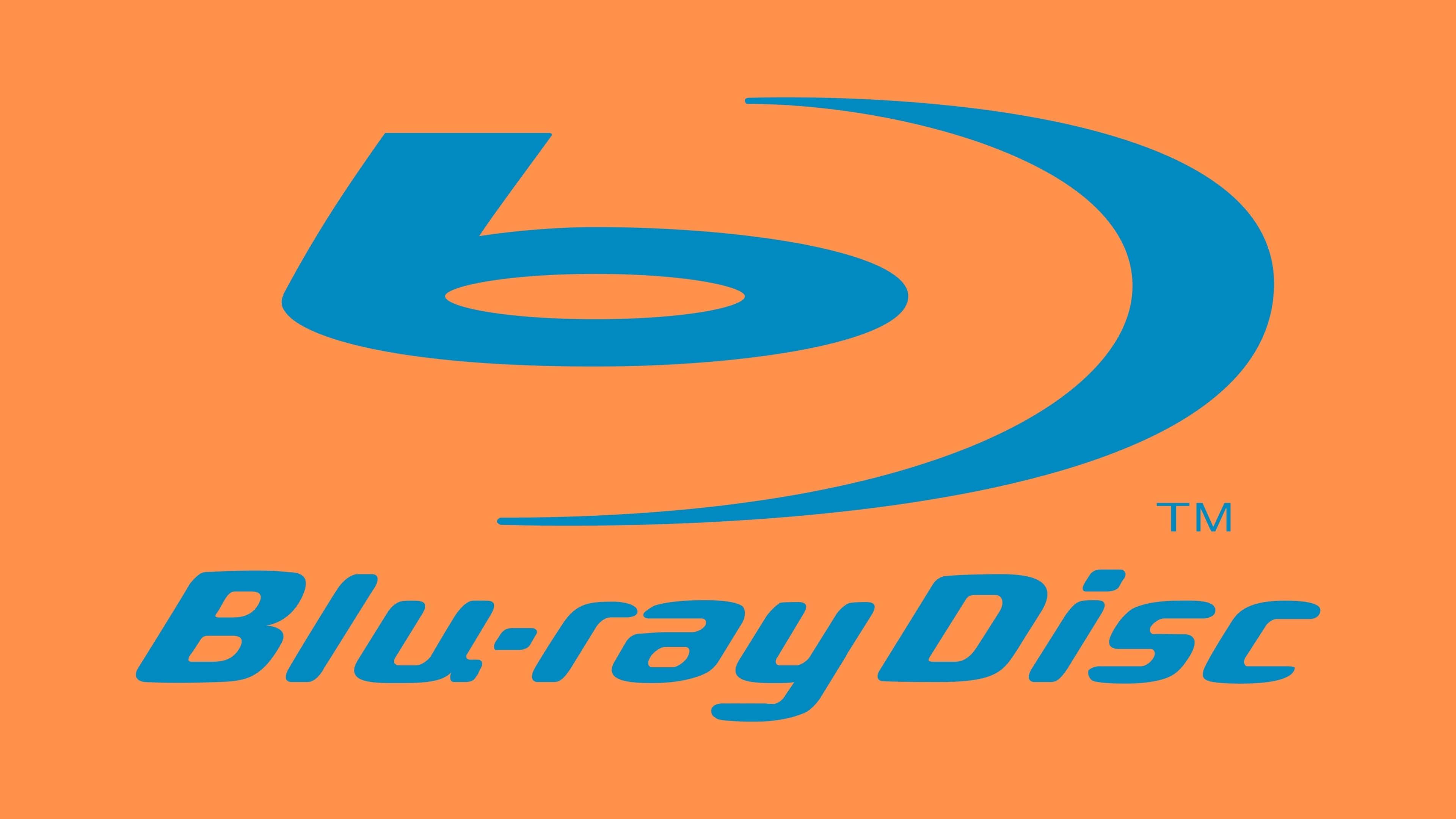 4K Blu-ray 桌布 壁紙 — 大膽的藍色 Blu-ray Disc 標誌居中於鮮豔的橙色背景上，下方有商標文字。