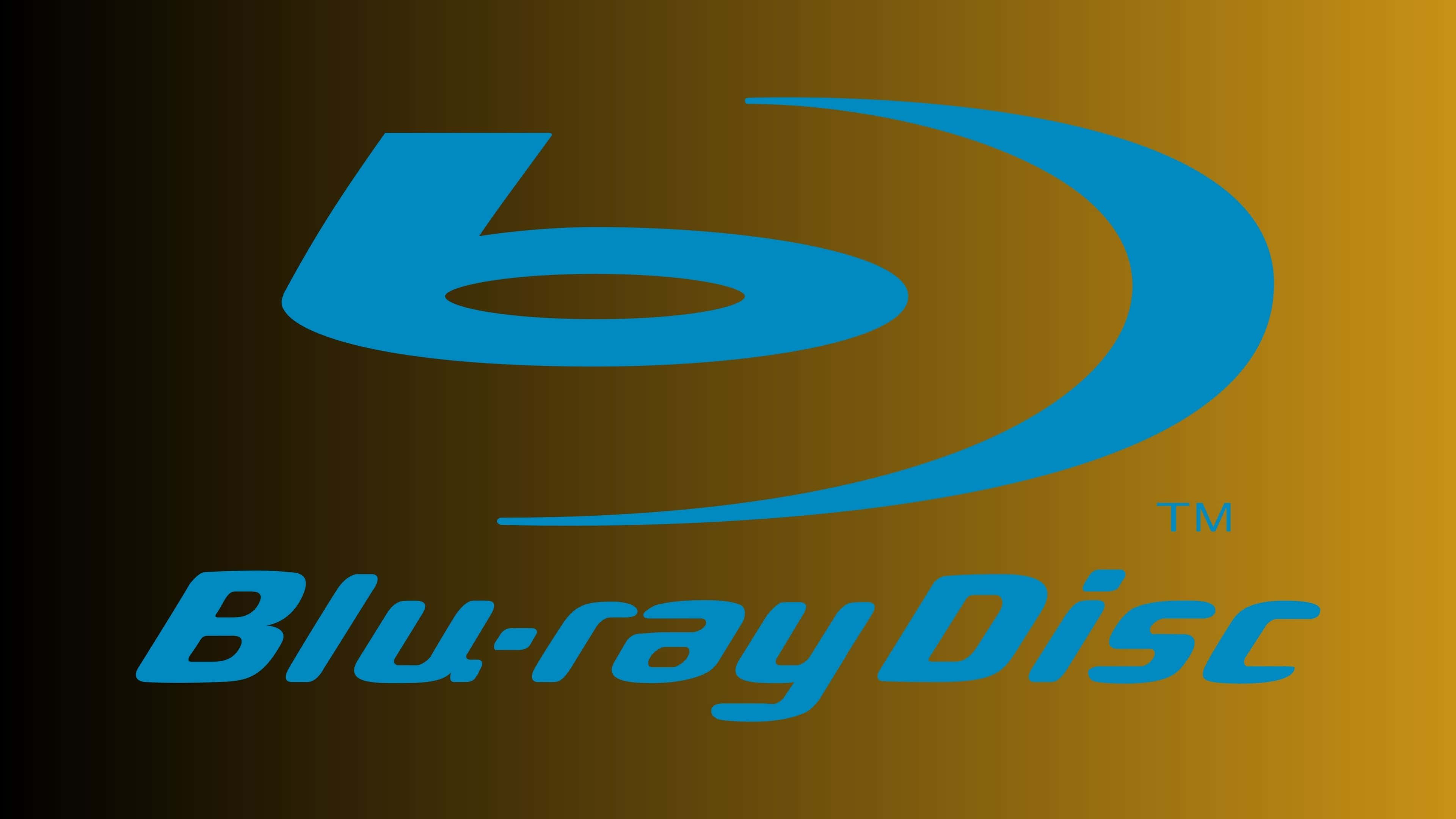 4K Blu-ray 桌布 壁紙 — 大膽的藍色 Blu-ray Disc 標誌居中於金色到黑色的漸變背景上。