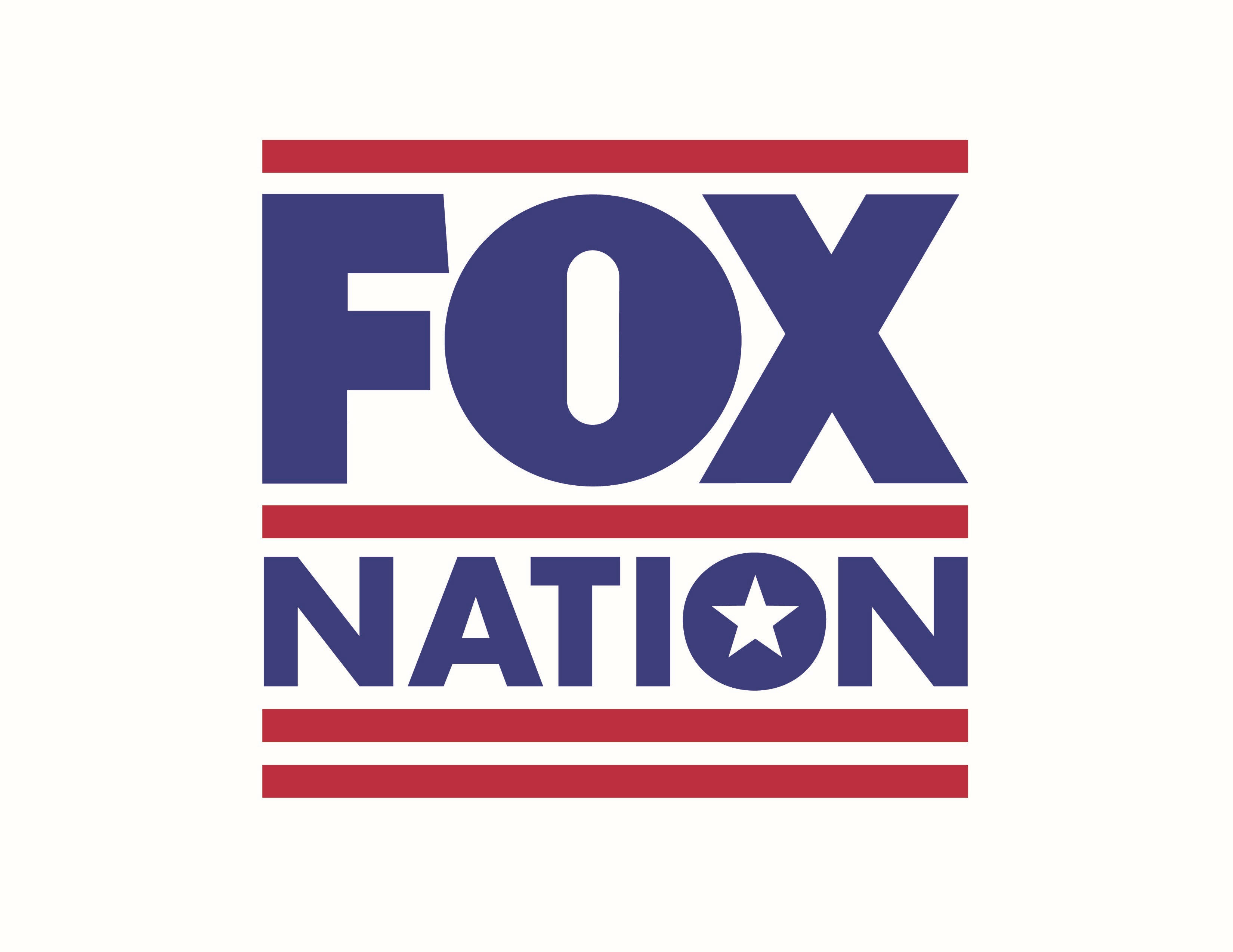 Fox News Fox Nation 壁紙 — 大膽的藍色Fox Nation標誌，以紅色條紋和字母o上的白色星星框住