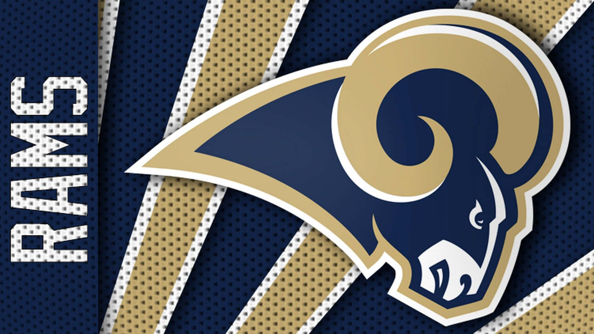 Rams 桌布 壁紙 — 大膽的藍色和金色公羊隊標誌，印在帶有斜紋和球隊名稱的紋理球衣布料上。