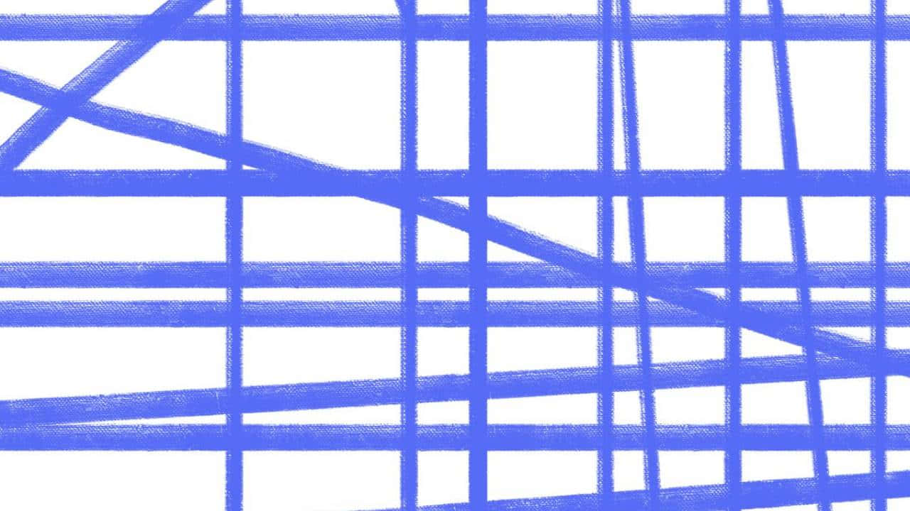 1280x720 桌布 壁紙 — 大膽的藍色筆觸線條在純白背景上以對角線和水平線交錯，形成動態網格圖案。