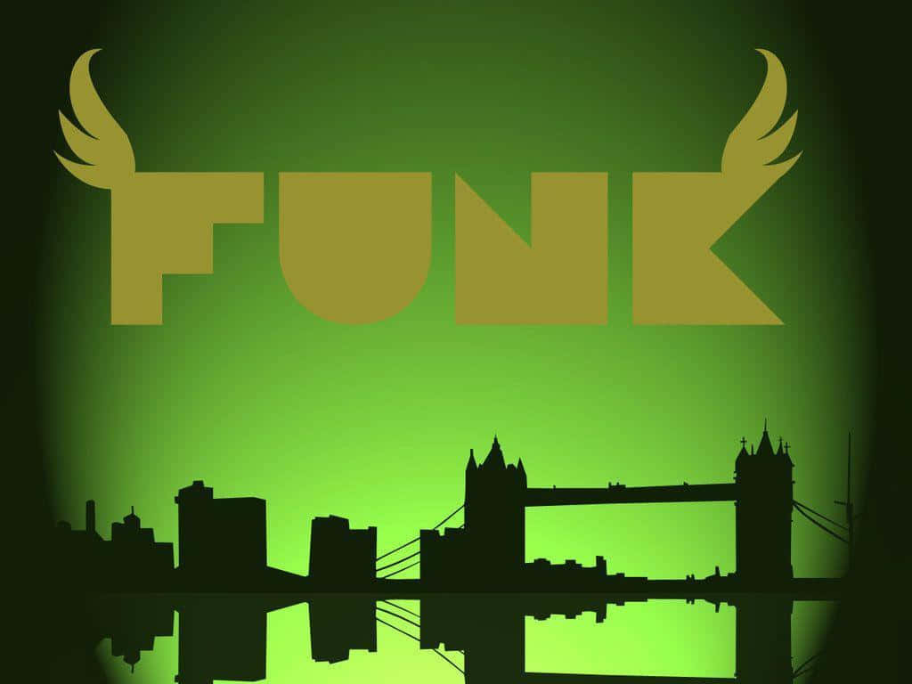 Funk 桌布 壁紙 — 大膽的金色「FUNK」文字配上帶翅膀的字體，聳立在倫敦塔橋和城市天際線的深色剪影之上，背景是發光的綠色漸變。