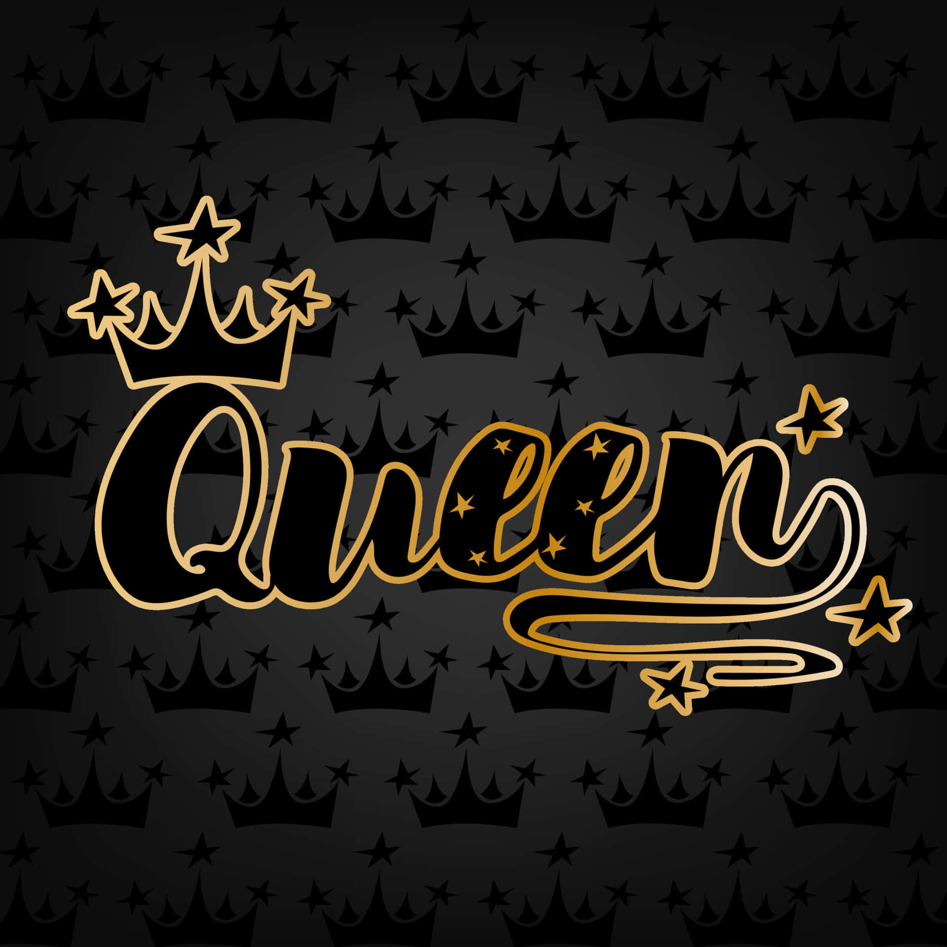 女王 桌布 壁紙 — 大膽的金色「Queen」文字，帶有皇冠和星星，在帶有皇冠和星星圖案的深色背景上發光。